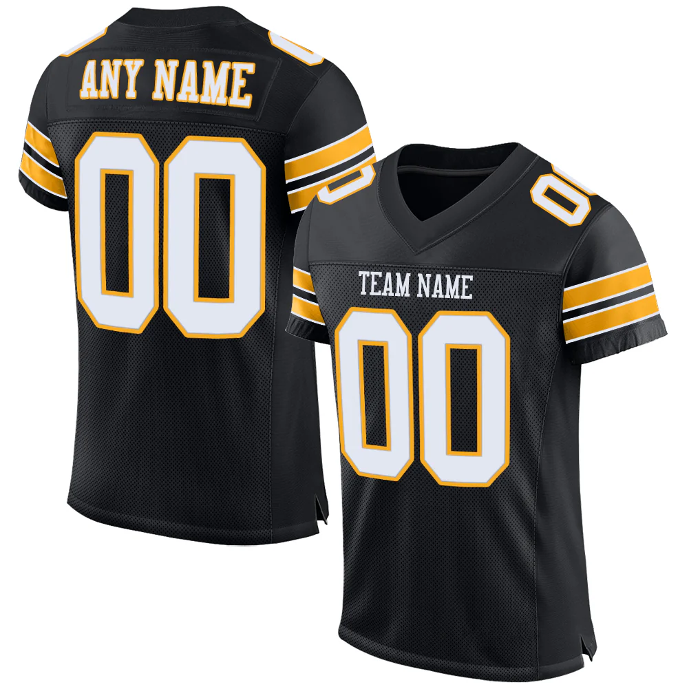 Custom Black White-Gold Mesh Authentic Football Jersey