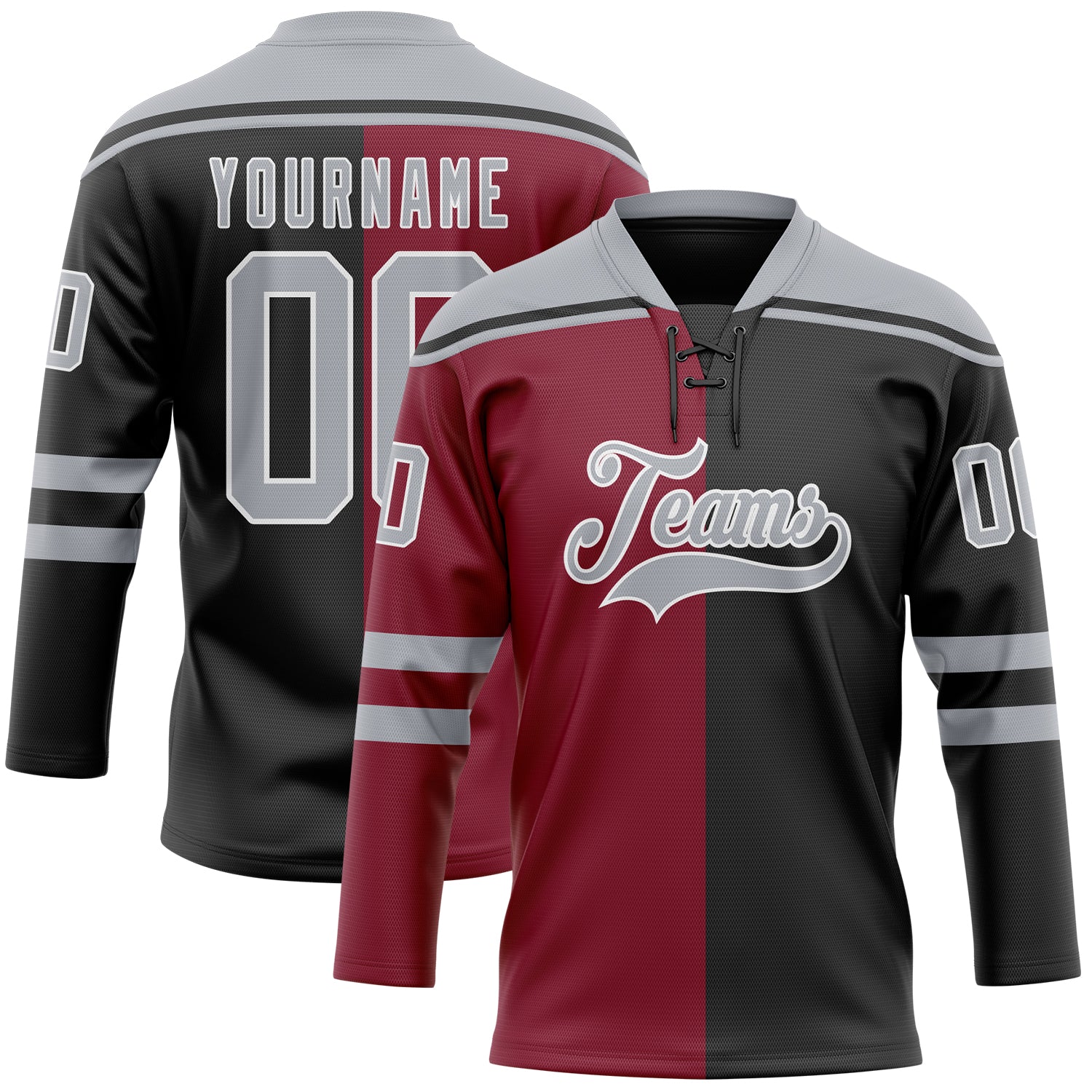 Custom Black Gray Crimson-White Split Fashion Hockey Lace Neck Jersey