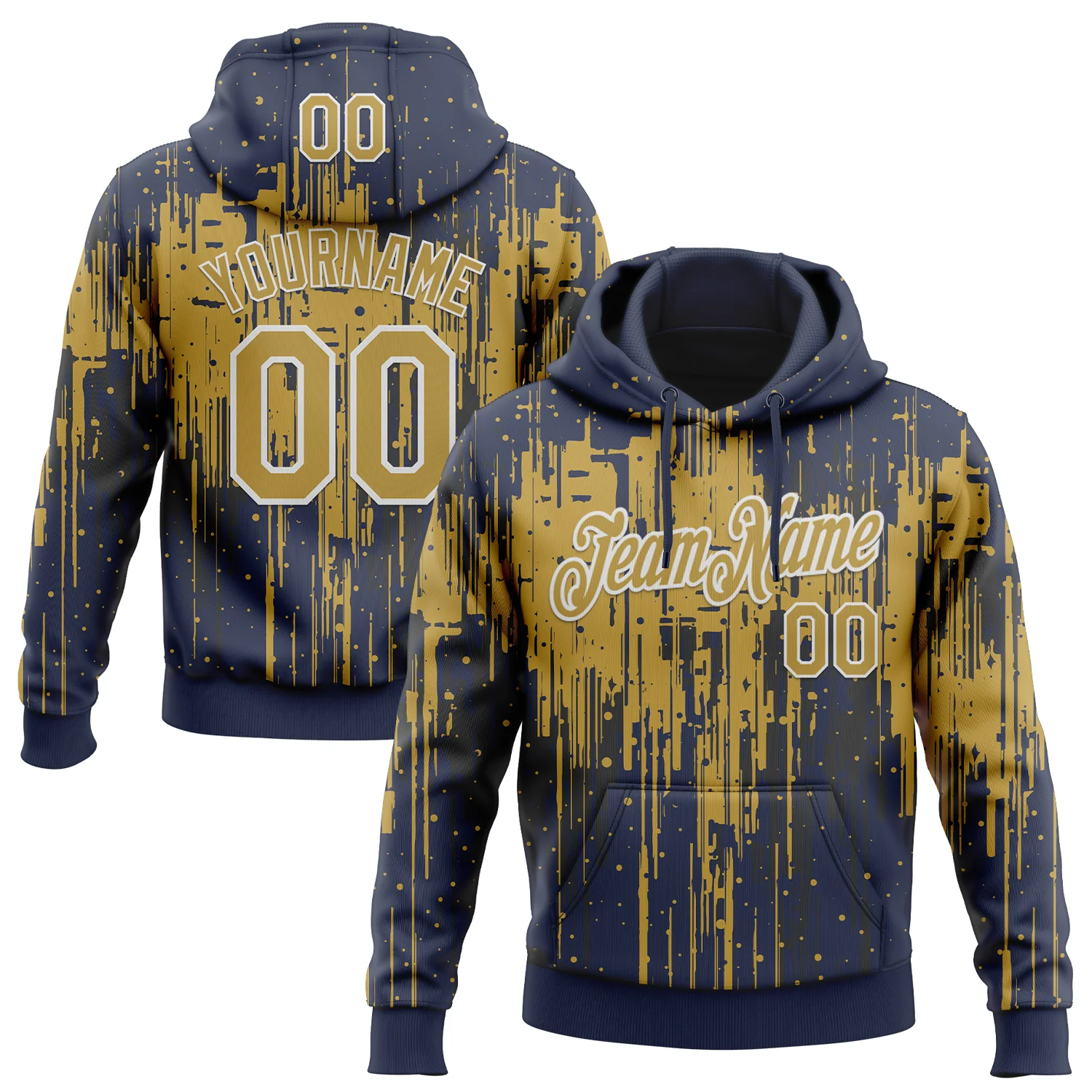 Custom Stitched Navy Old Gold-White 3D Pattern Design Dripping Splatter Sports Pullover Sweatshirt Hoodie