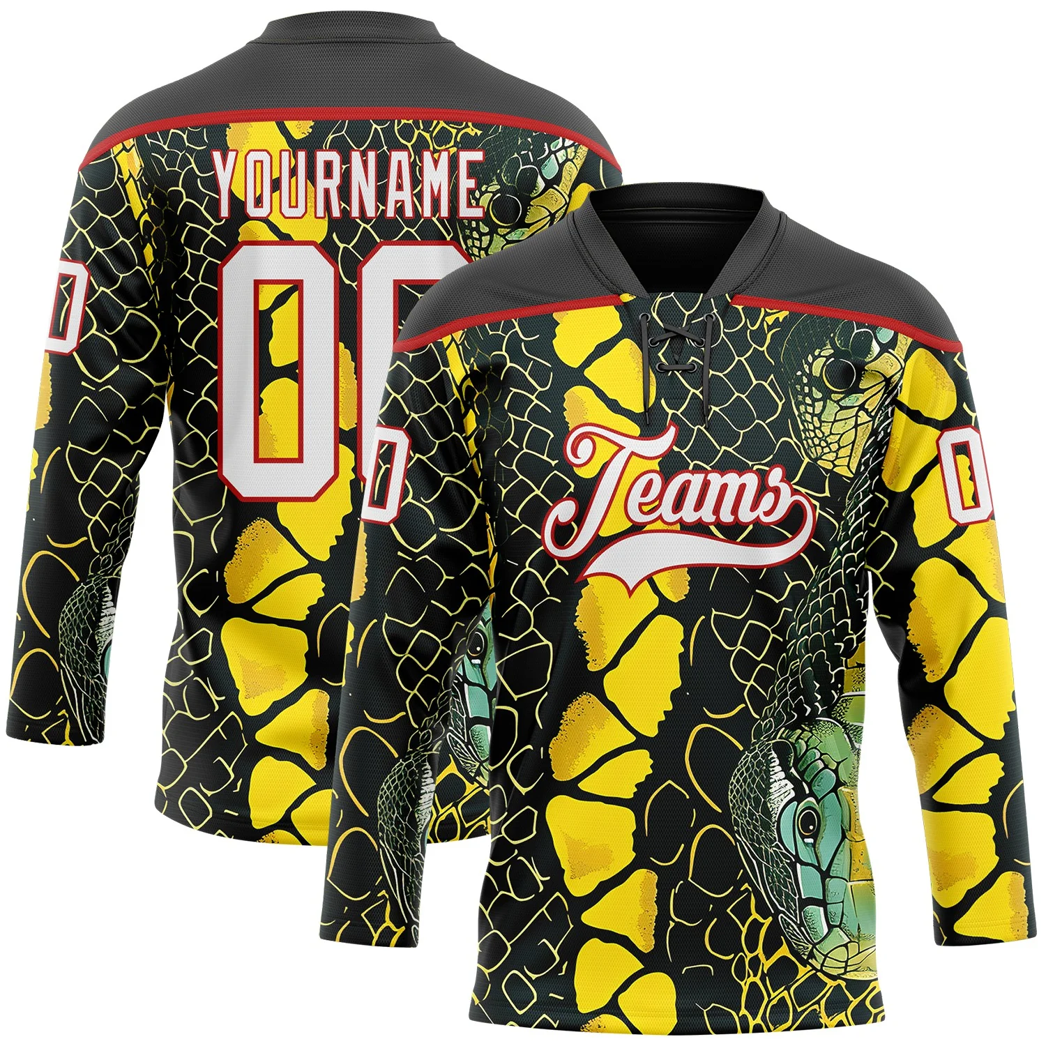 Custom Black White Yellow-Red 3D Pattern Snake Skin Print Hockey Lace Neck Jersey