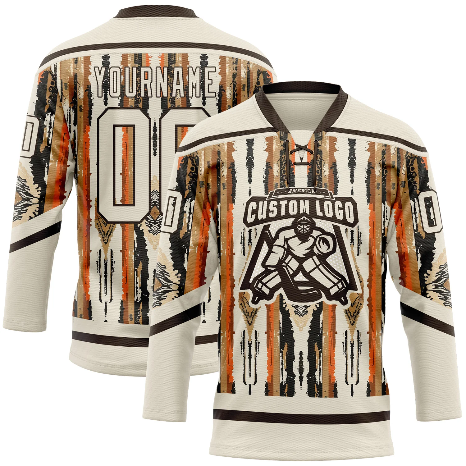 Custom Cream Brown Orange-Black 3D Pattern Tribal Indigenous Grunge Splash Hockey Lace Neck Jersey