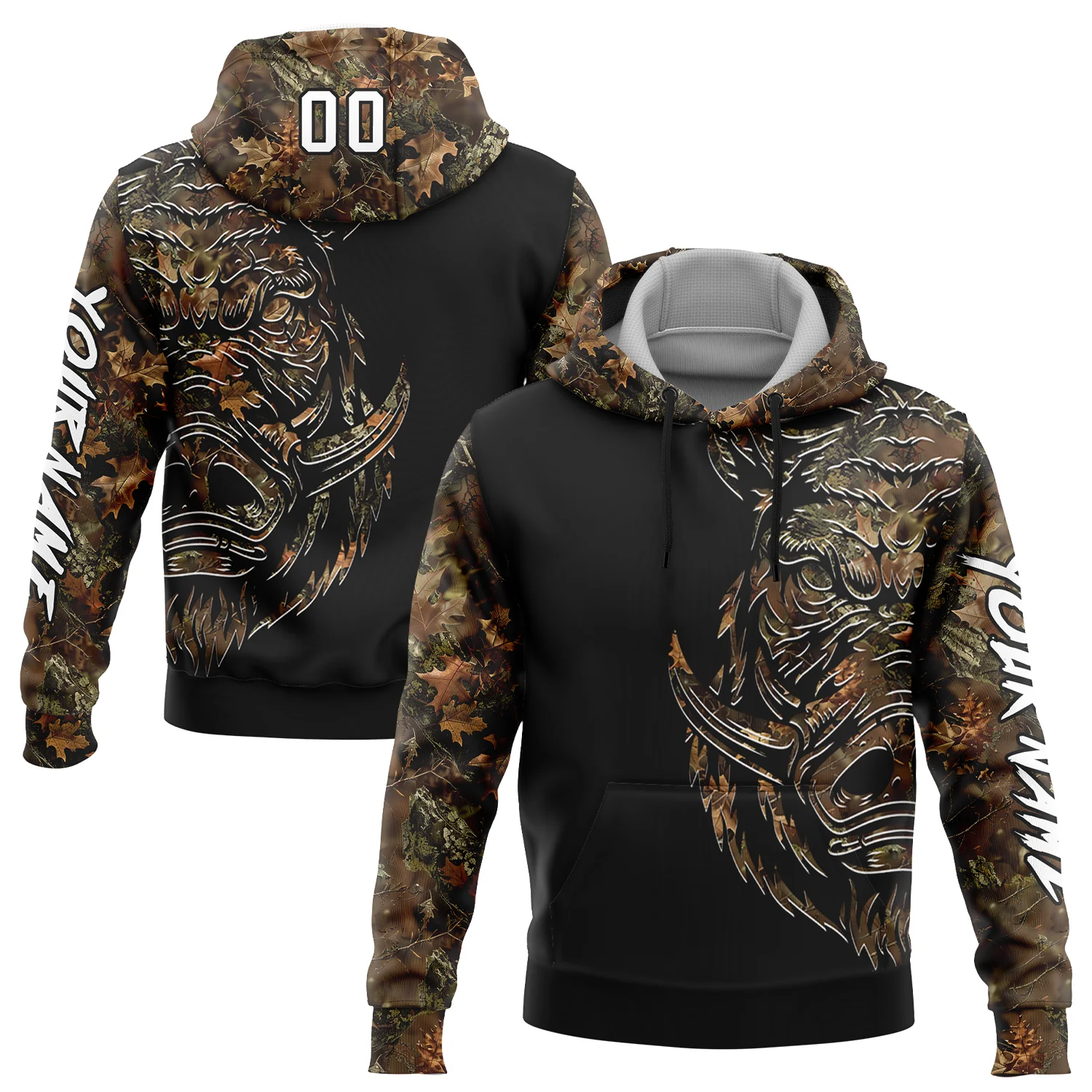 Custom Camo White-Black 3D Wild Boar Hunting Sports Pullover Sweatshirt Hoodie