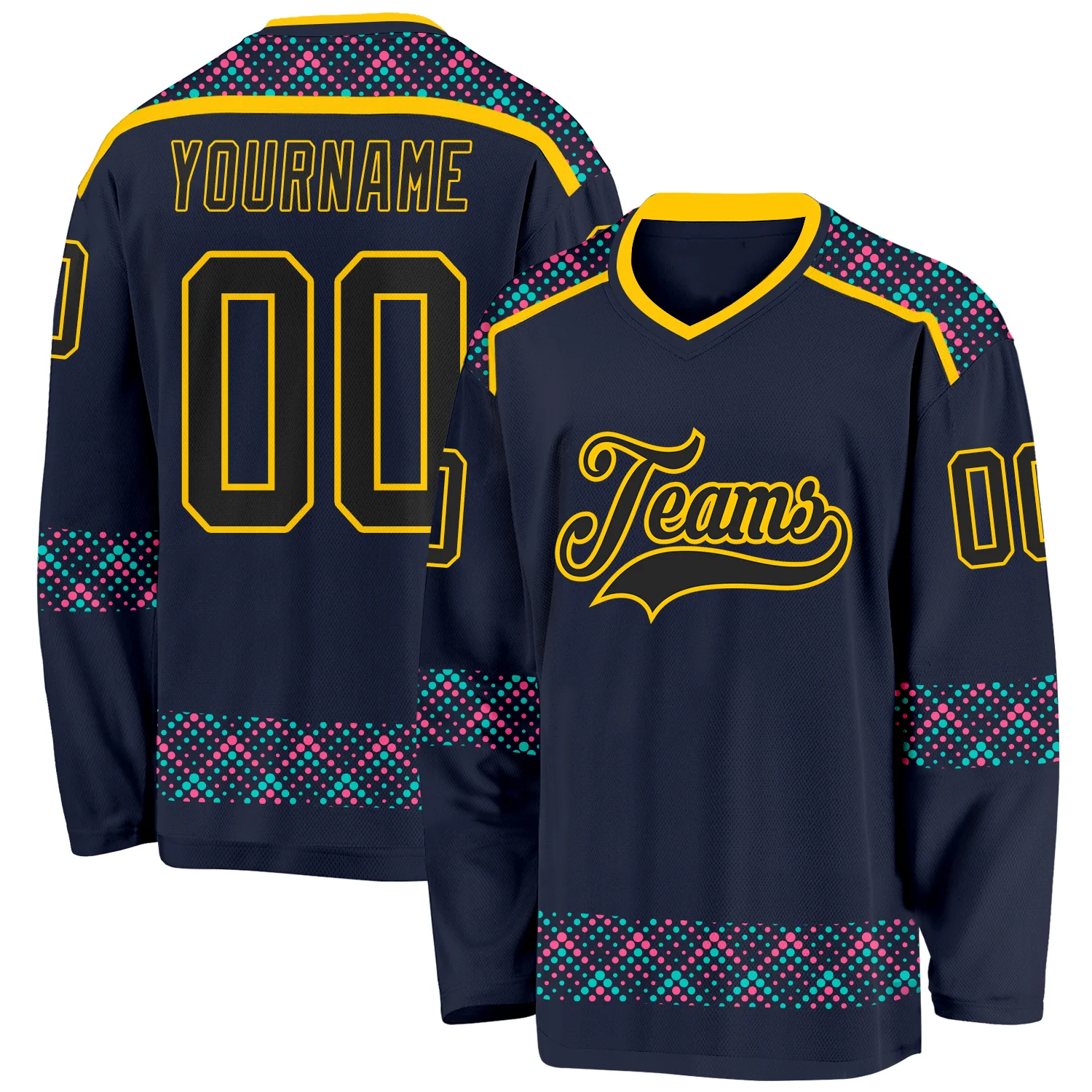 Custom Navy Black Yellow Pink-Ice Blue 3D Pattern Plaid Hockey Jersey
