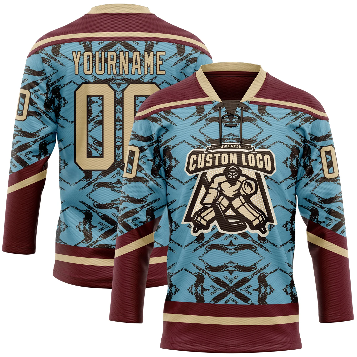 Custom Blue Vegas Gold Burgundy-Brown 3D Pattern Tribal Indigenous Grunge Splash Hockey Lace Neck Jersey