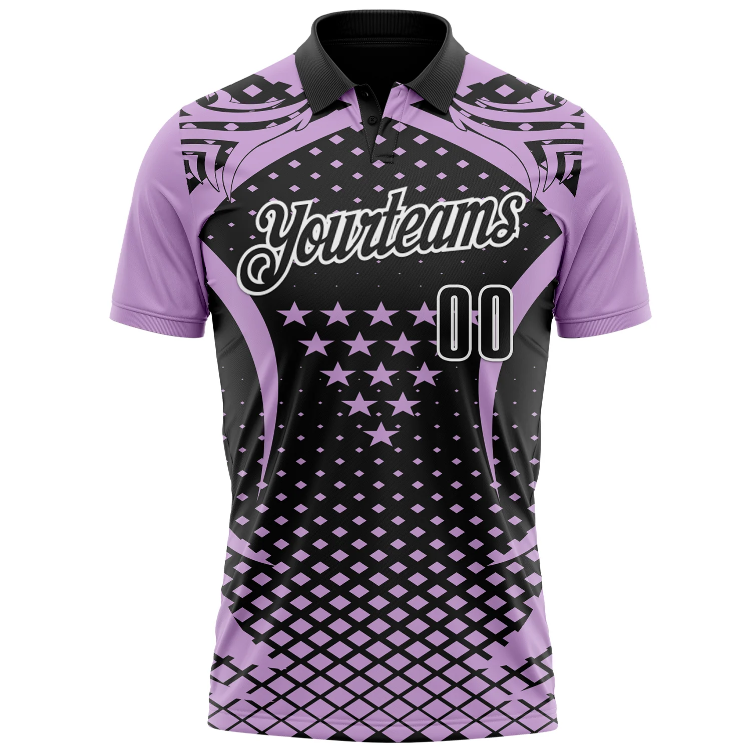 Custom Light Purple Black-White 3D Pattern Design Star And Geometric Shapes Performance Polo Shirt