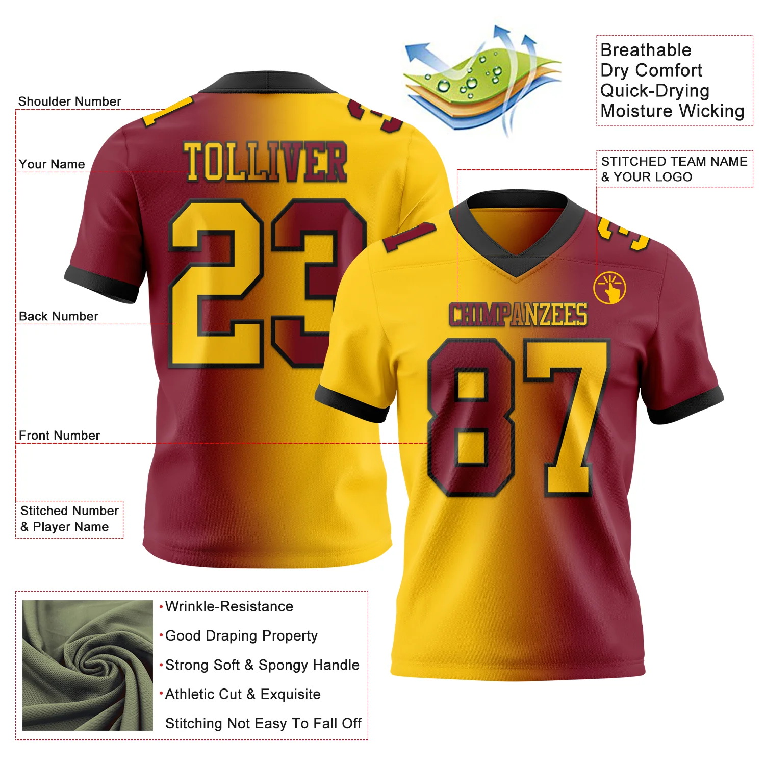 Custom Crimson Yellow-Black Authentic Gradient Fashion Football Jersey