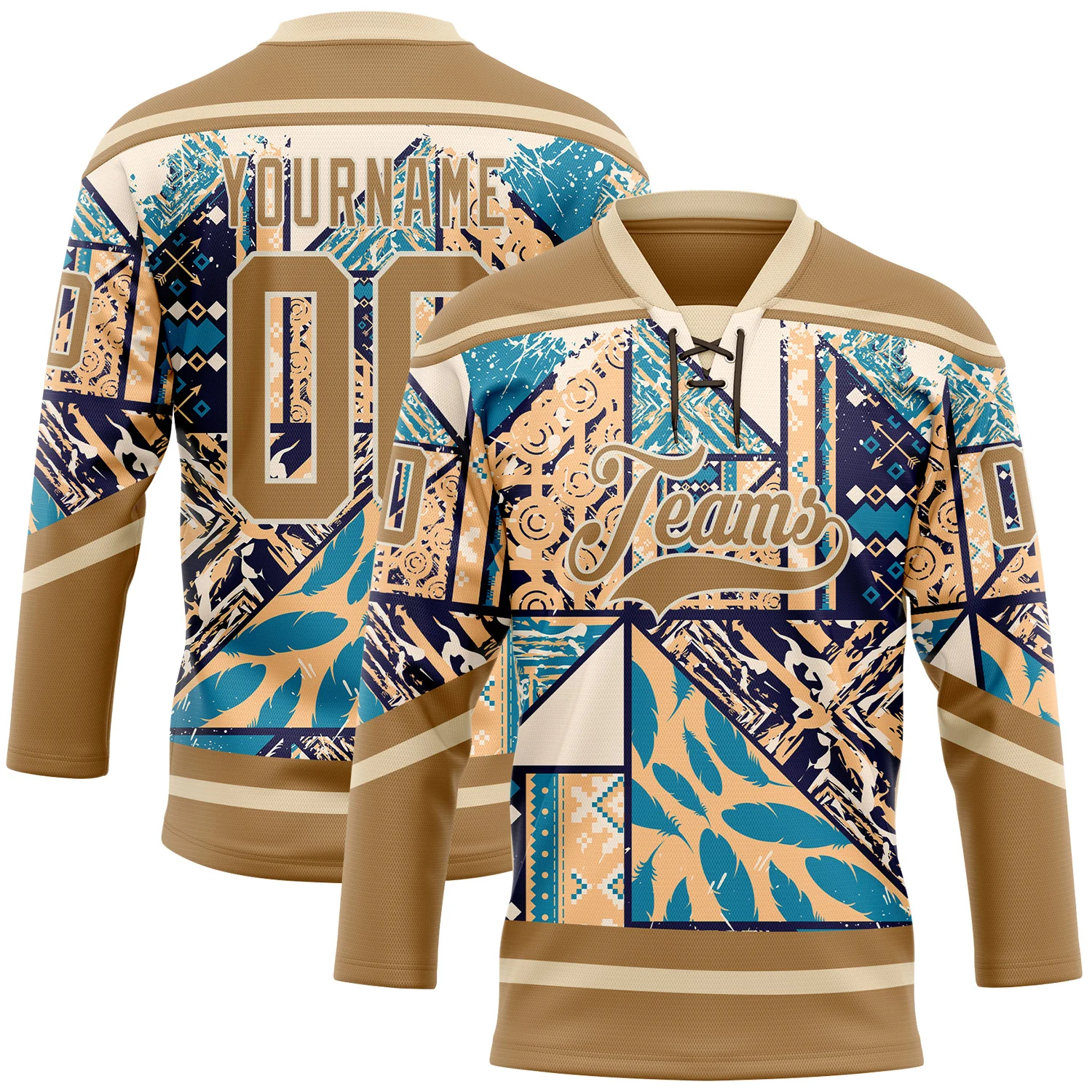 Custom Old Gold Blue-Cream 3D Pattern Tribal Indigenous Grunge Geometric Splash Hockey Lace Neck Jersey