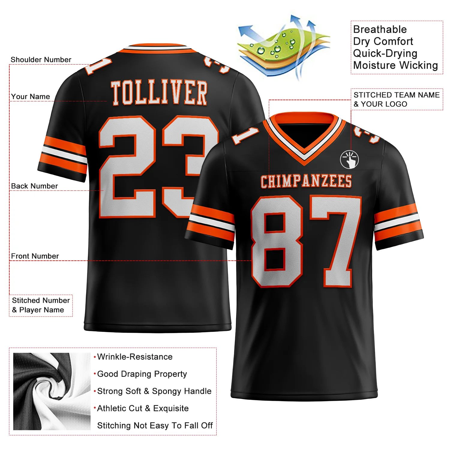Custom Black White-Orange Authentic Football Jersey