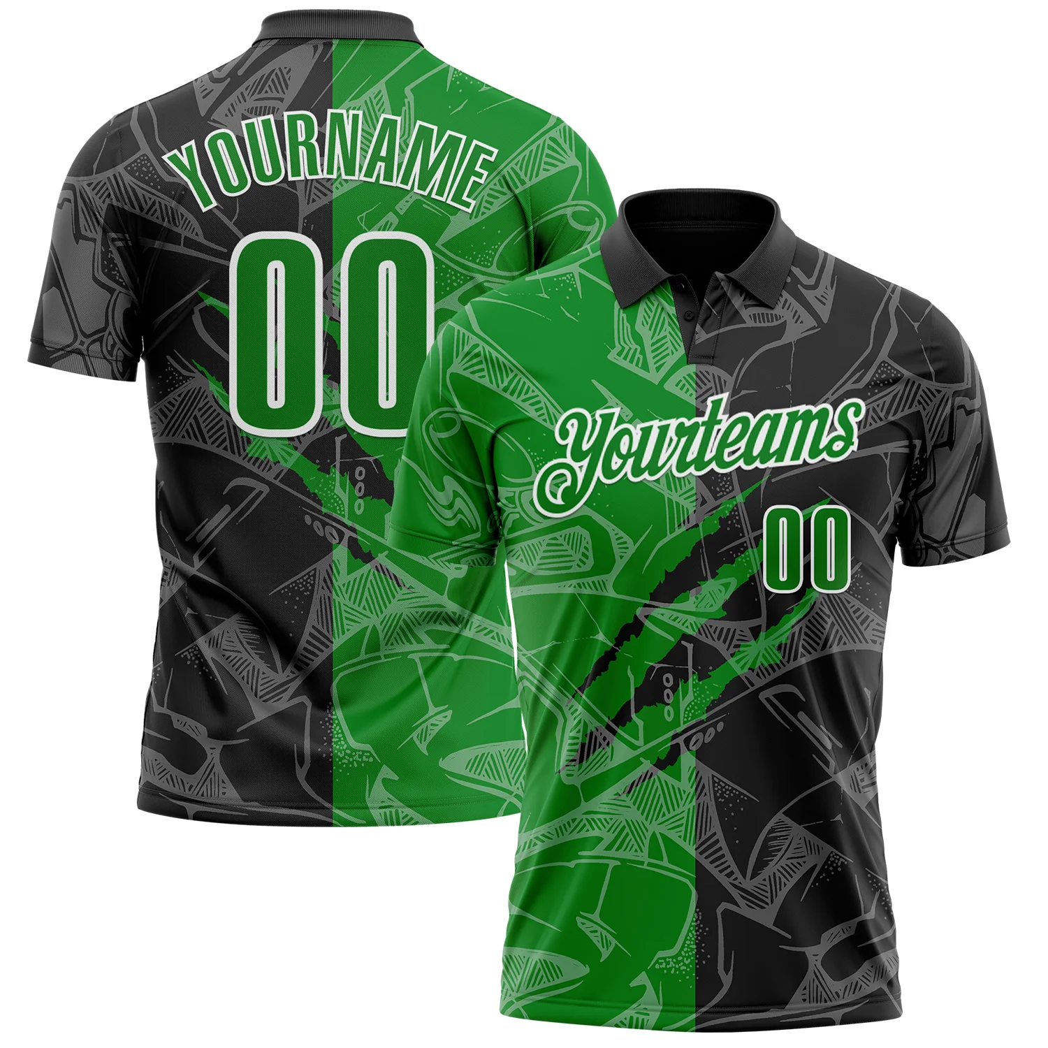 Custom Graffiti Pattern Grass Green Black-White 3D Scratch Performance Polo Shirt