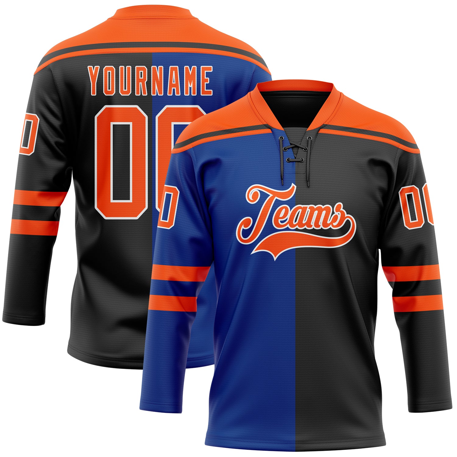 Custom Black Orange Royal-White Split Fashion Hockey Lace Neck Jersey