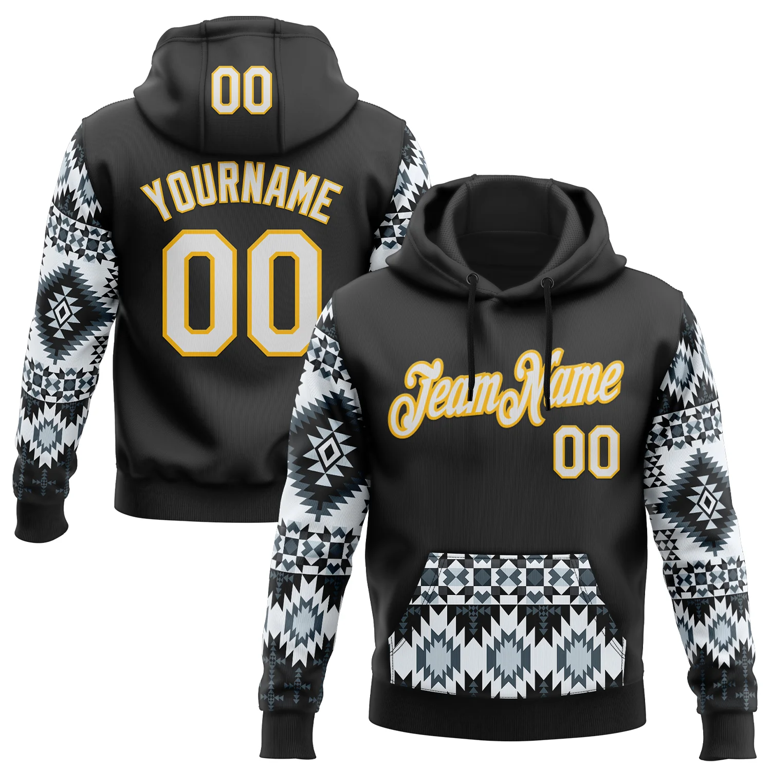 Custom Stitched Black White-Yellow 3D Pattern Design Tribal Ethnic Native American Sports Pullover Sweatshirt Hoodie