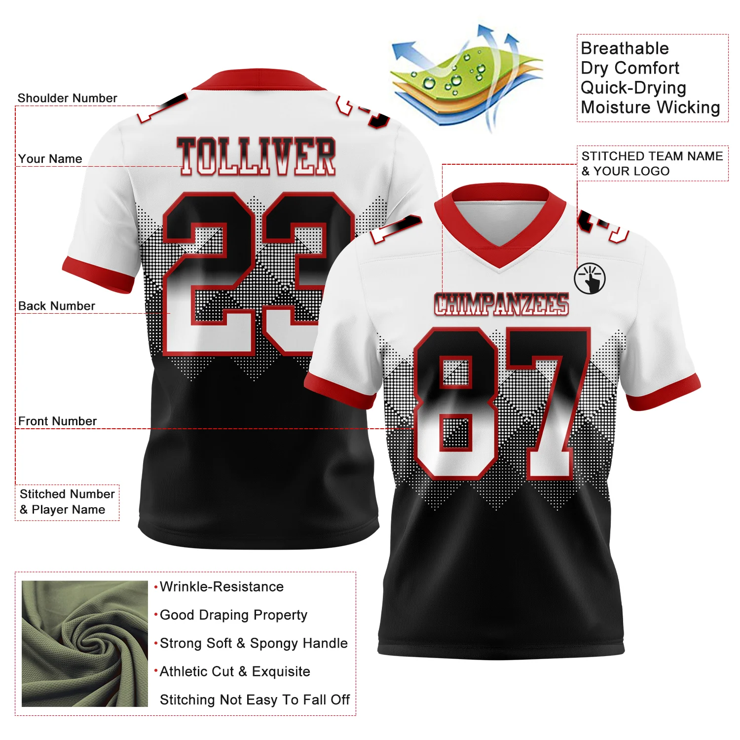 Custom White Black-Red Authentic Gradient Square Shape Flag Football Jersey