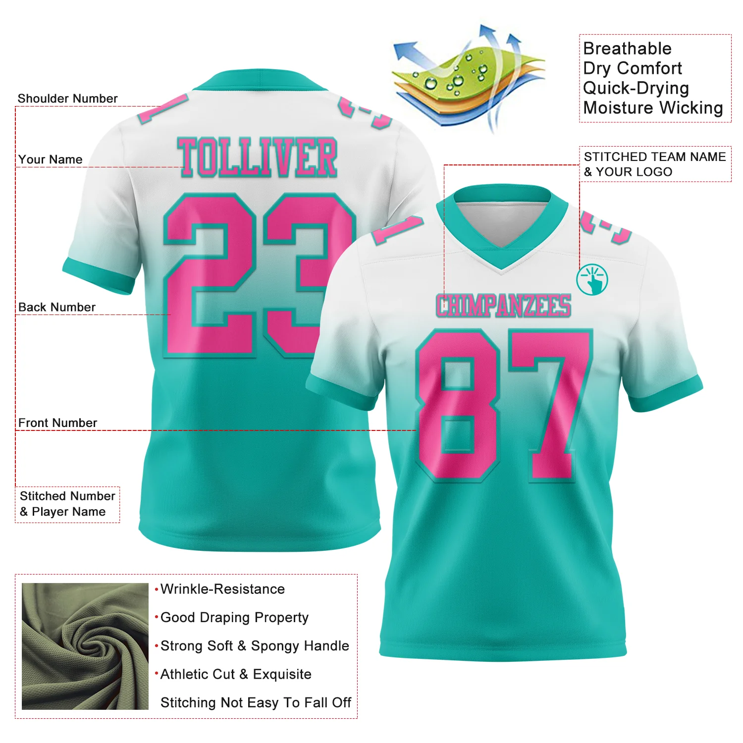 Custom White Pink-Aqua Authentic Fade Fashion Football Jersey