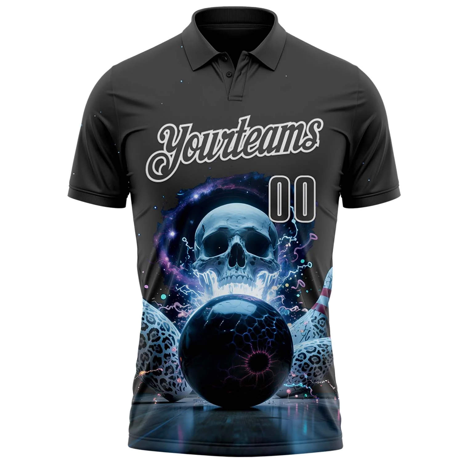 Custom Steel Gray White 3D Galaxy Leopard Print Skull Bowling Performance Polo Shirt