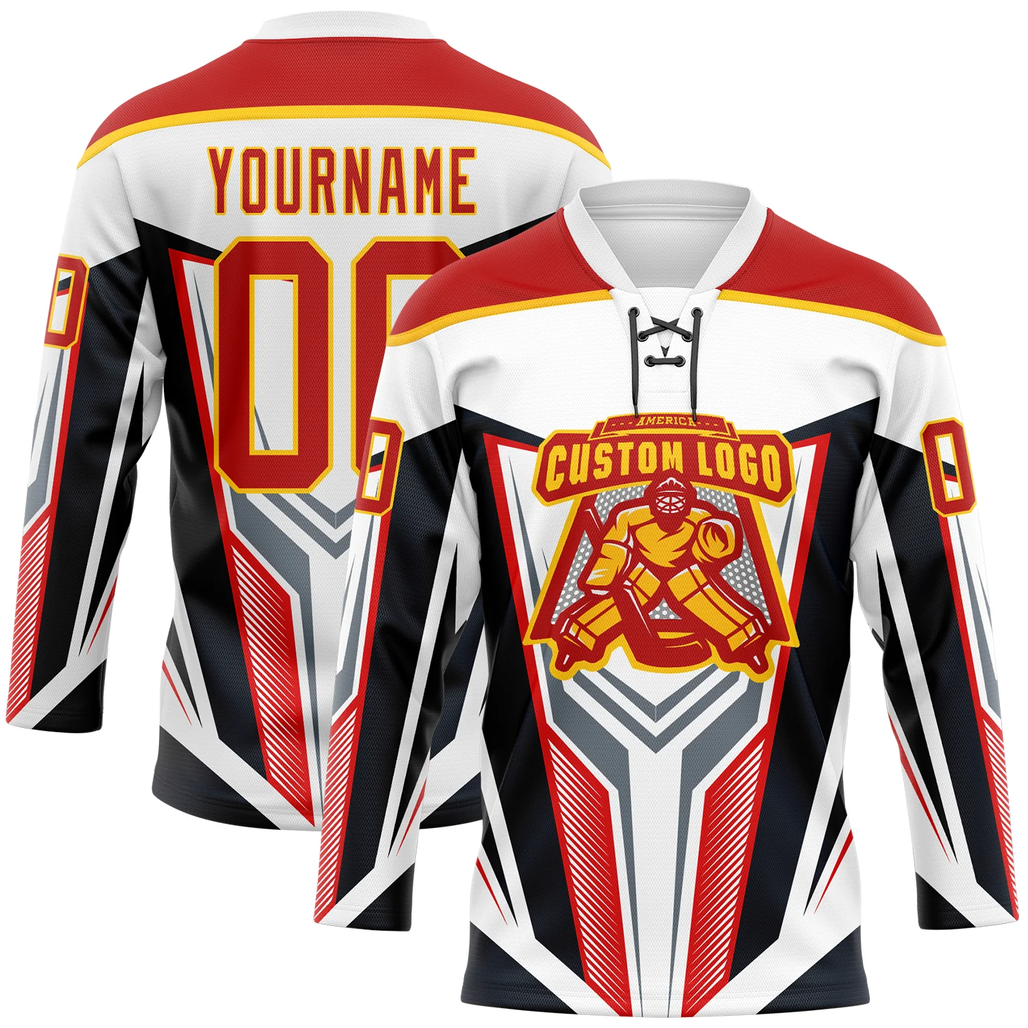 Custom White Red Yellow Black Gray-White 3D Abstract Pattern Graphic Cyber Mecha E-sport Hockey Lace Neck Jersey