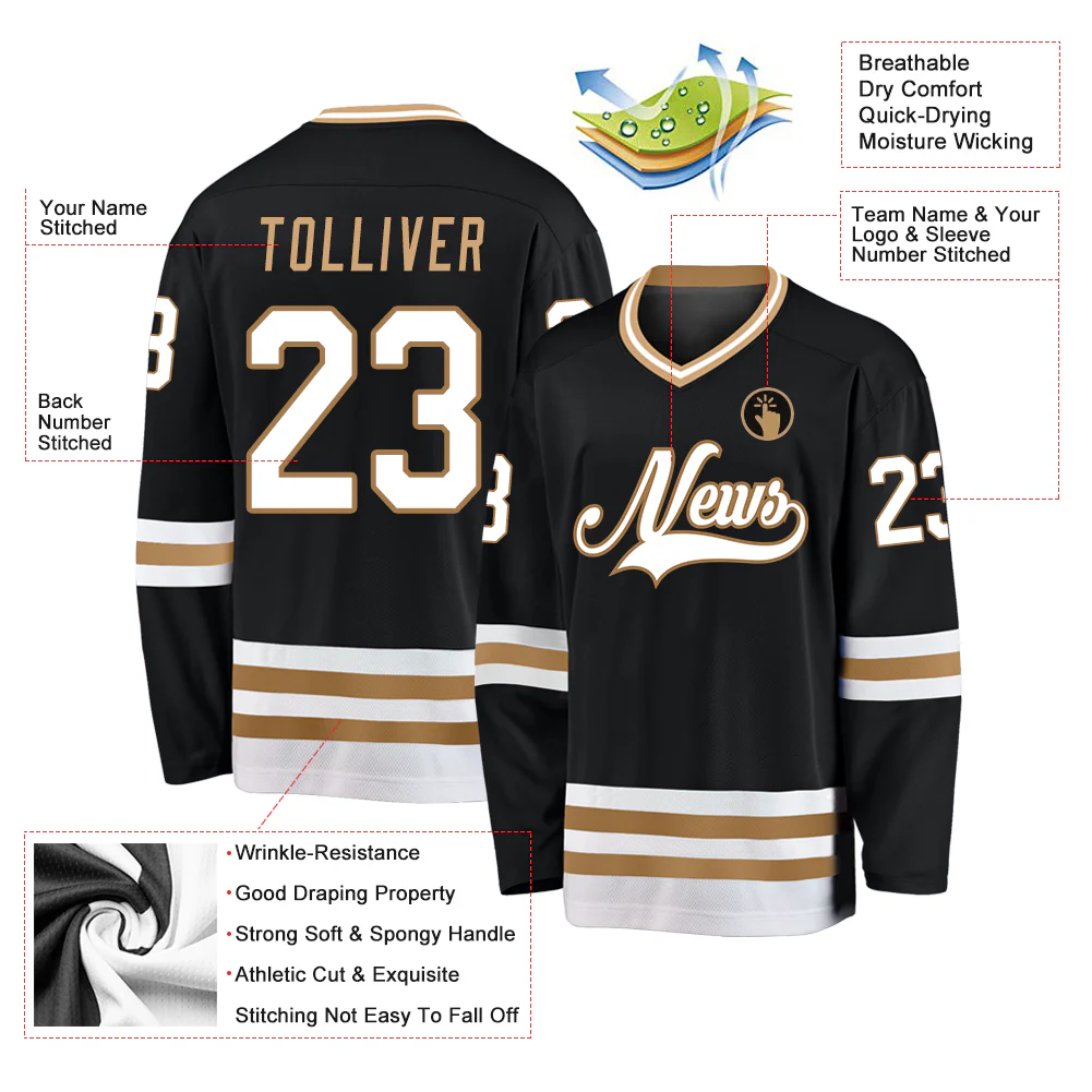 Custom Black White-Old Gold Hockey Jersey