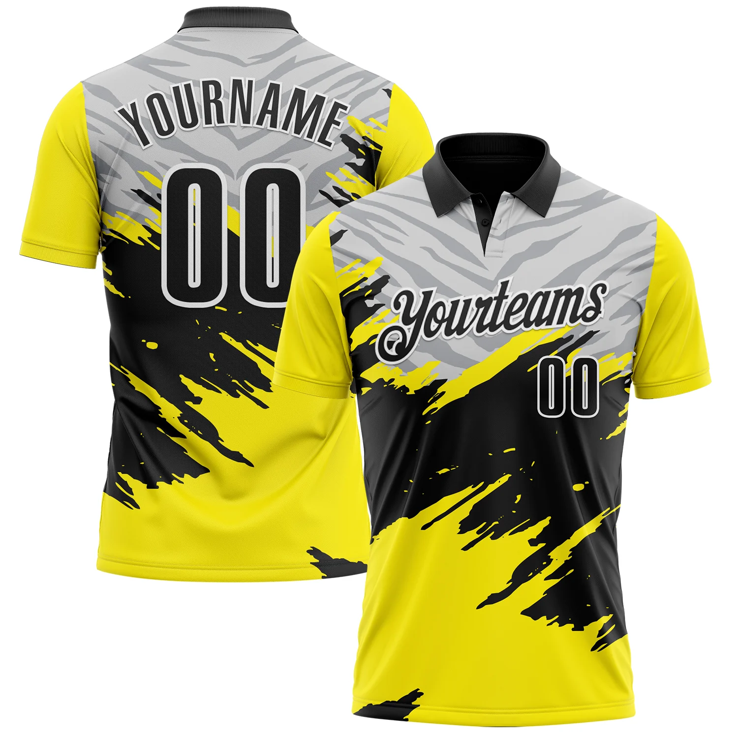 Custom Light Yellow Black Gray-White 3D Pattern Design Splash Performance Polo Shirt