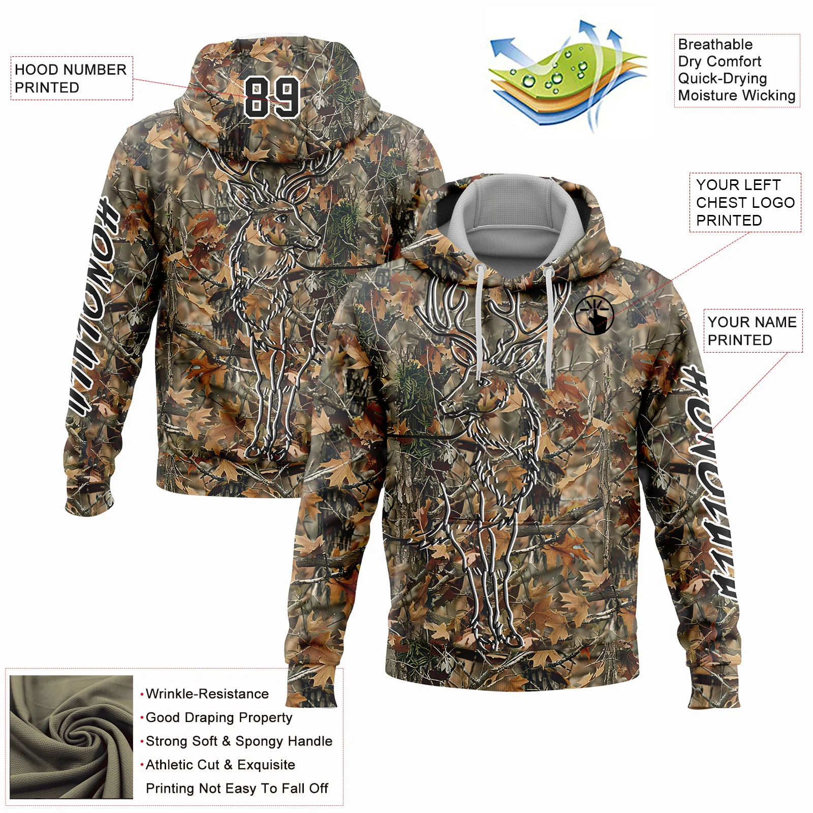 Custom Camo Black-White 3D Deer Hunting Sports Pullover Sweatshirt Hoodie