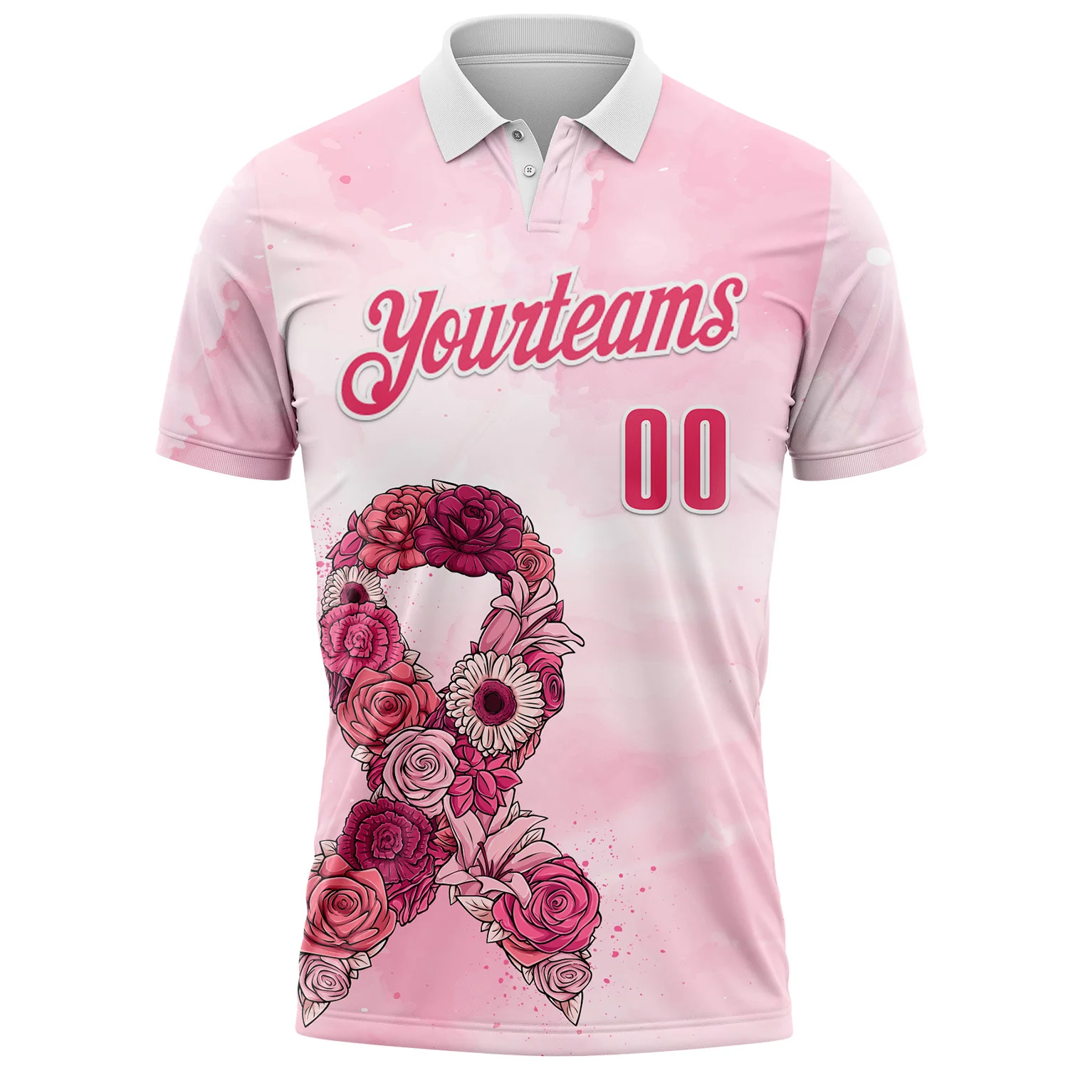 Custom White Neon Pink 3D Pink Ribbon Breast Cancer Awareness Performance Polo Shirt