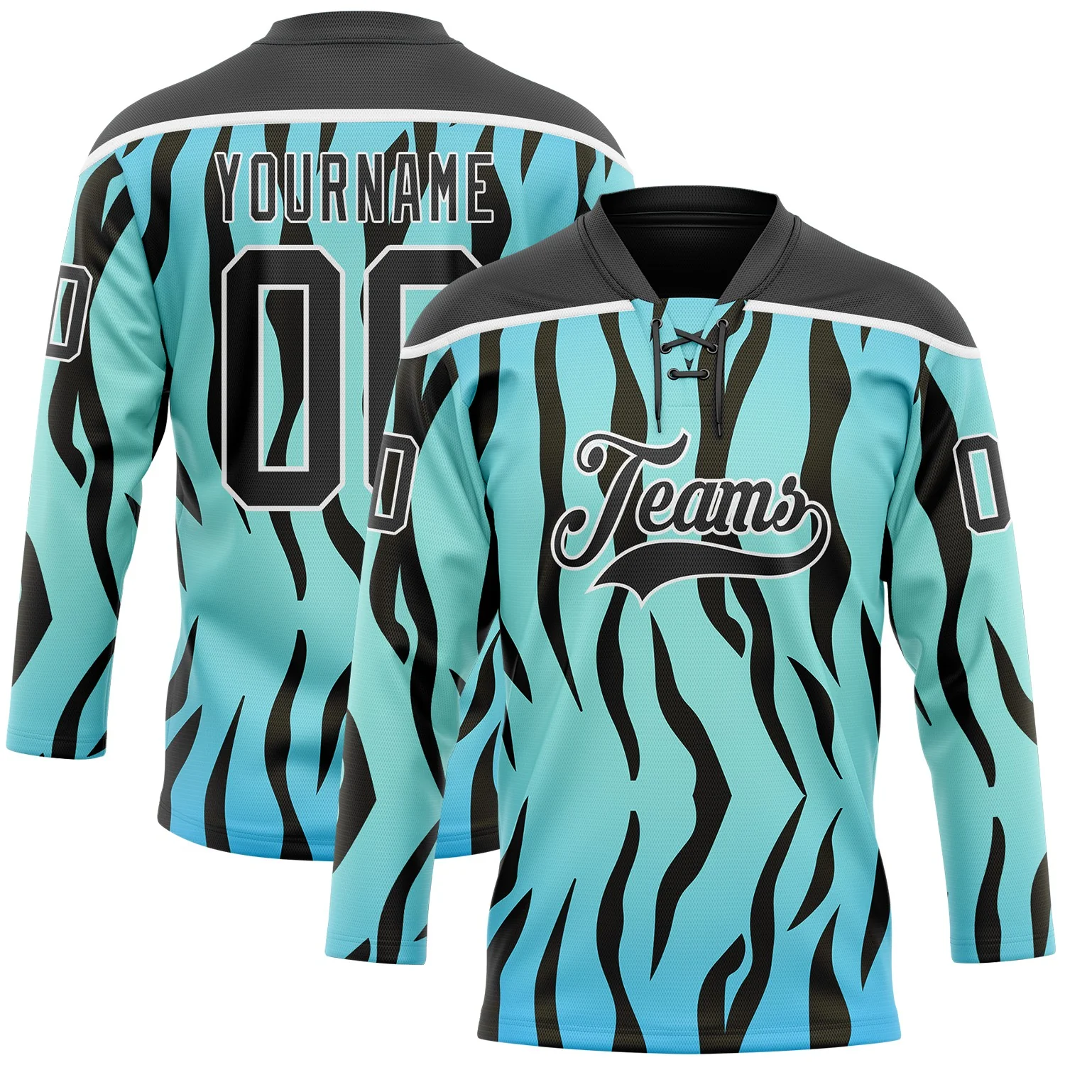 Custom Blue Black-White 3D Pattern Tiger Print Hockey Lace Neck Jersey
