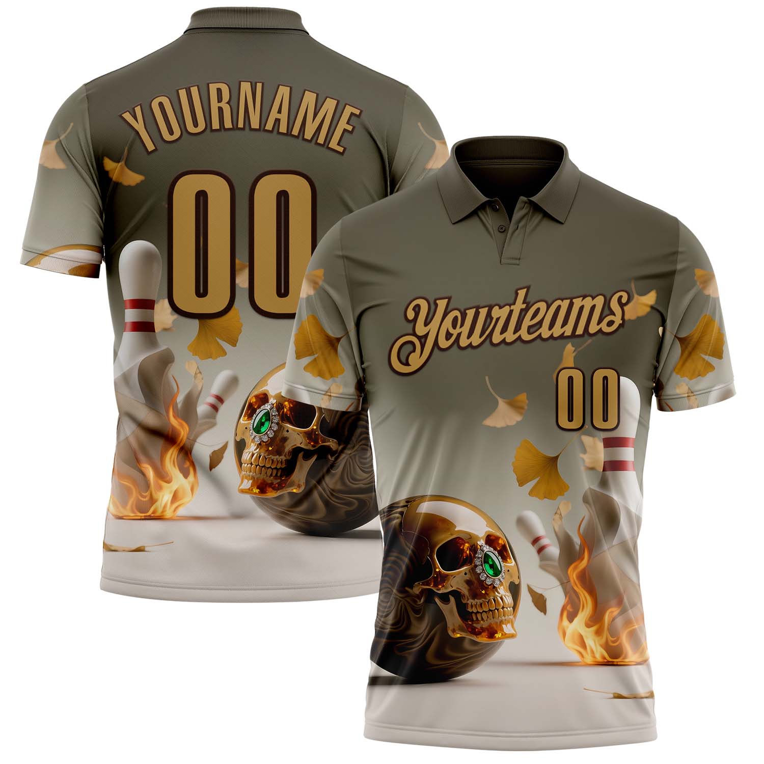 Custom Gray Old Gold-Brown 3D Flame Gem Skull Bowling Performance Polo Shirt