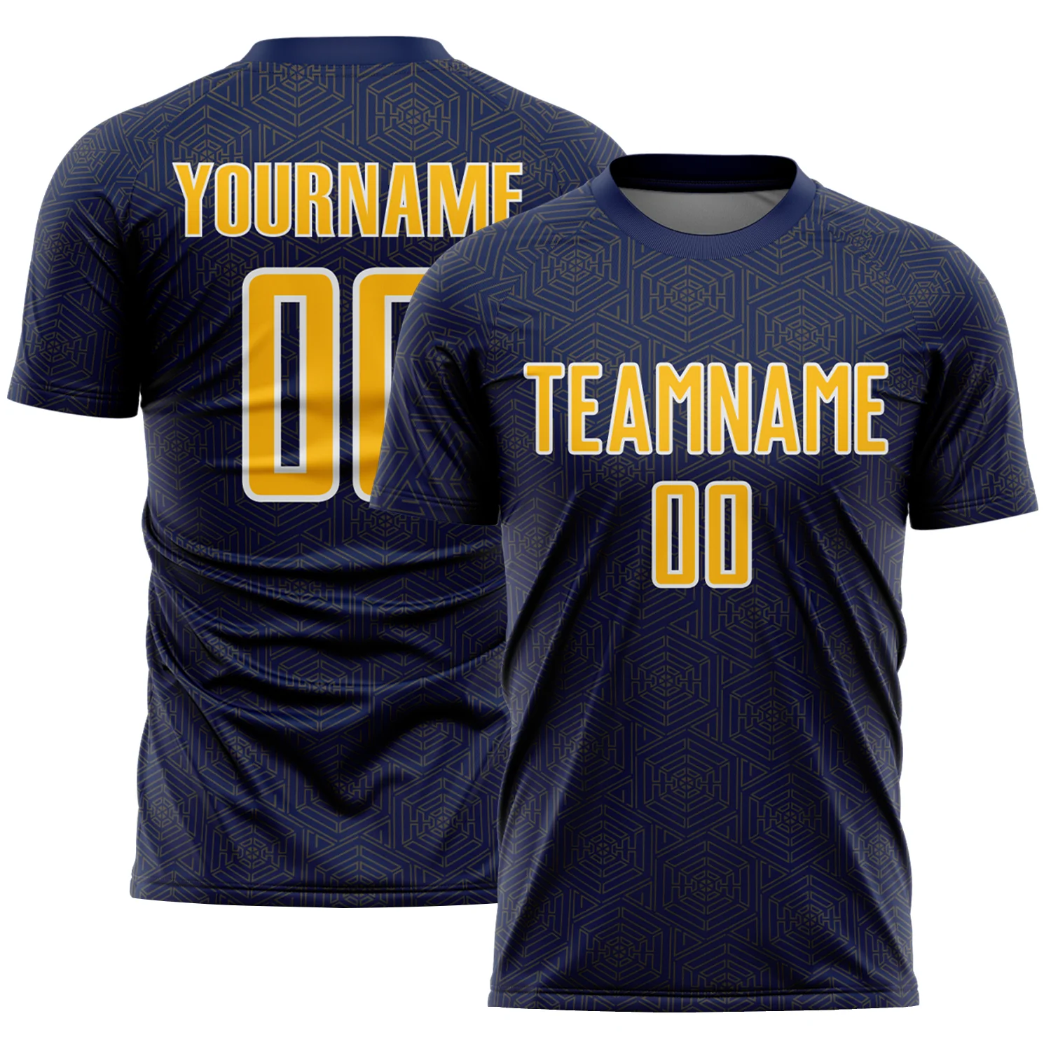 Custom Navy Gold-White Geometric Shape Sports Sublimation Soccer Uniform Jersey