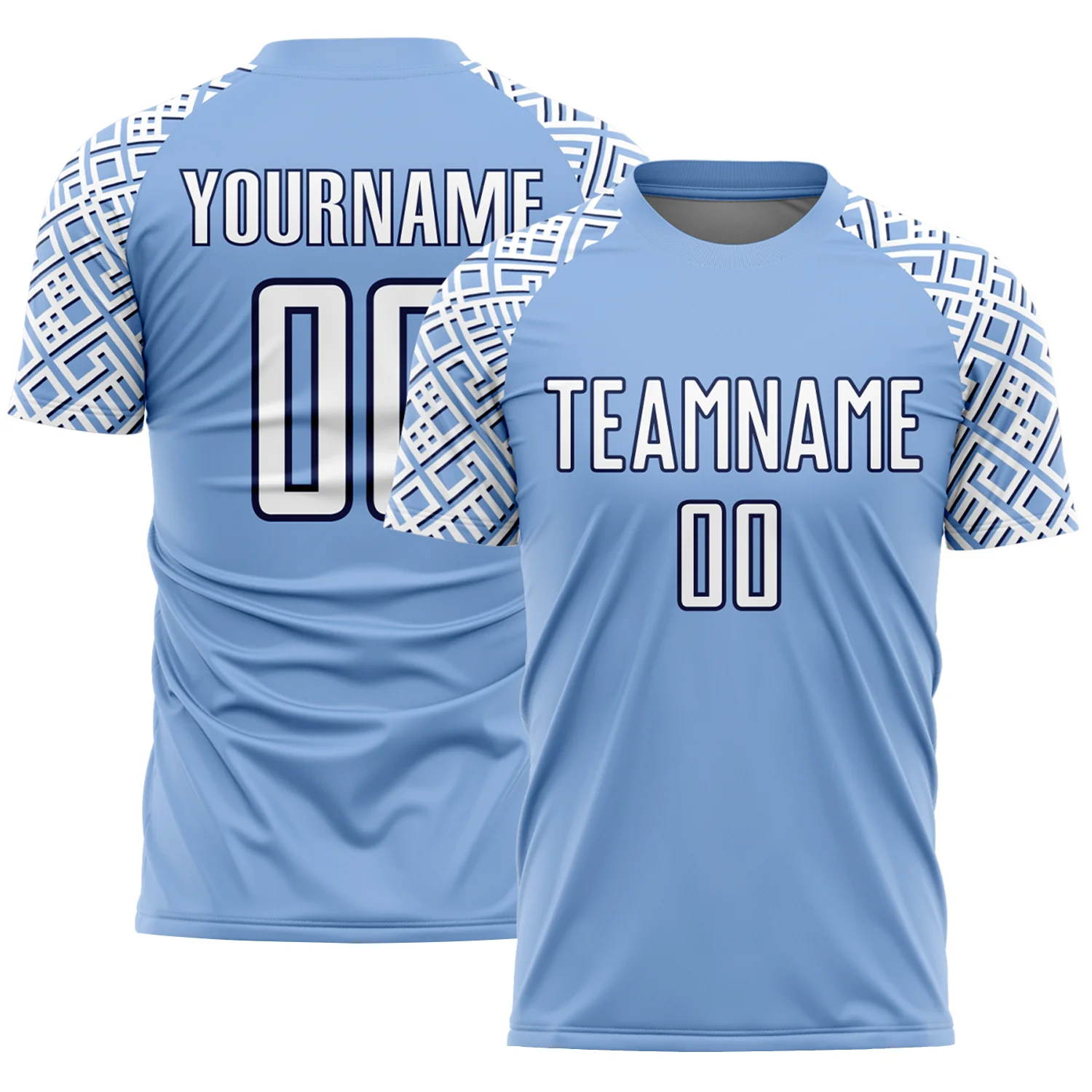 Custom Light Blue White-Navy Geometric Shape Sublimation Soccer Uniform Jersey
