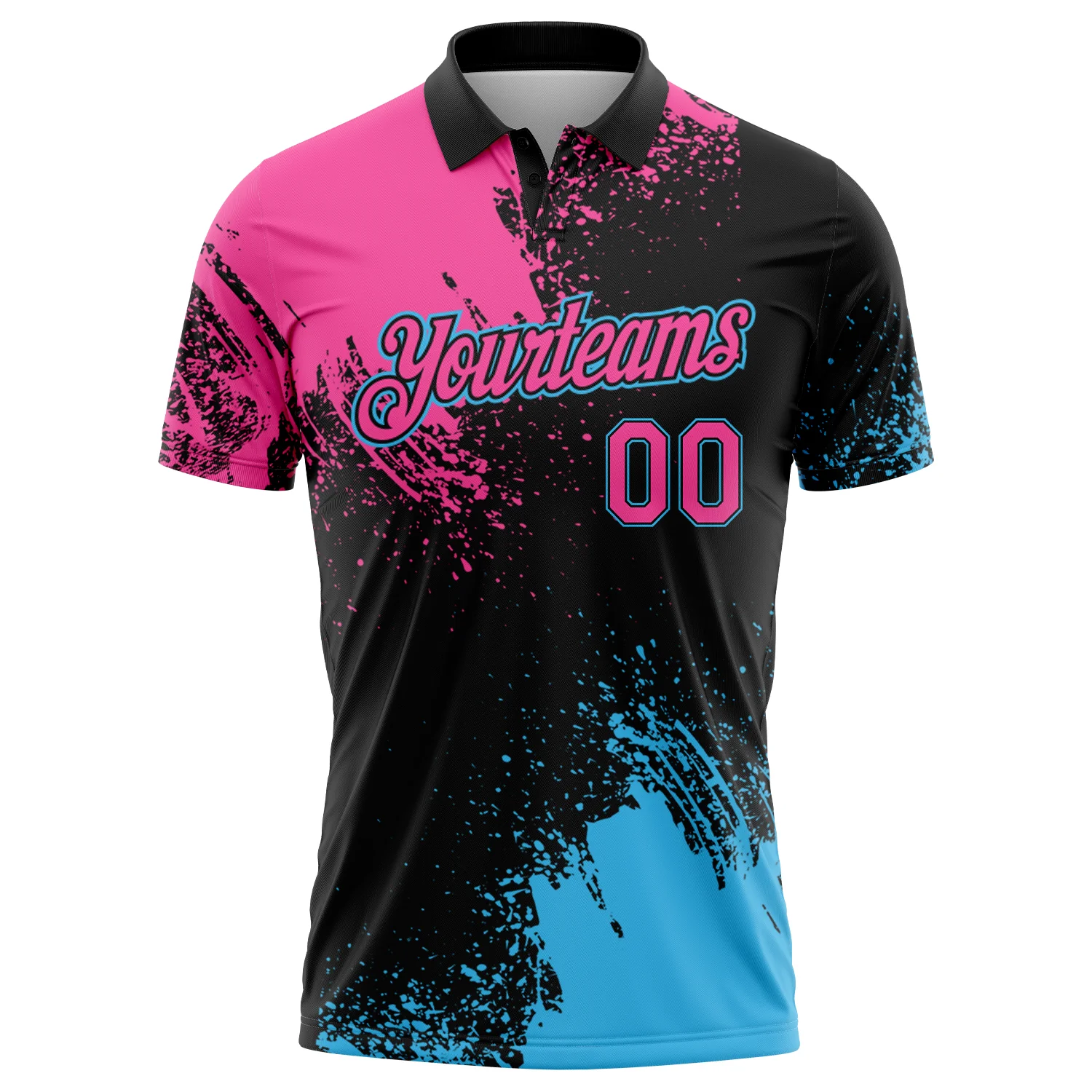 Custom Pink Black-Sky Blue 3D Pattern Design Abstract Brush Stroke Performance Polo Shirt