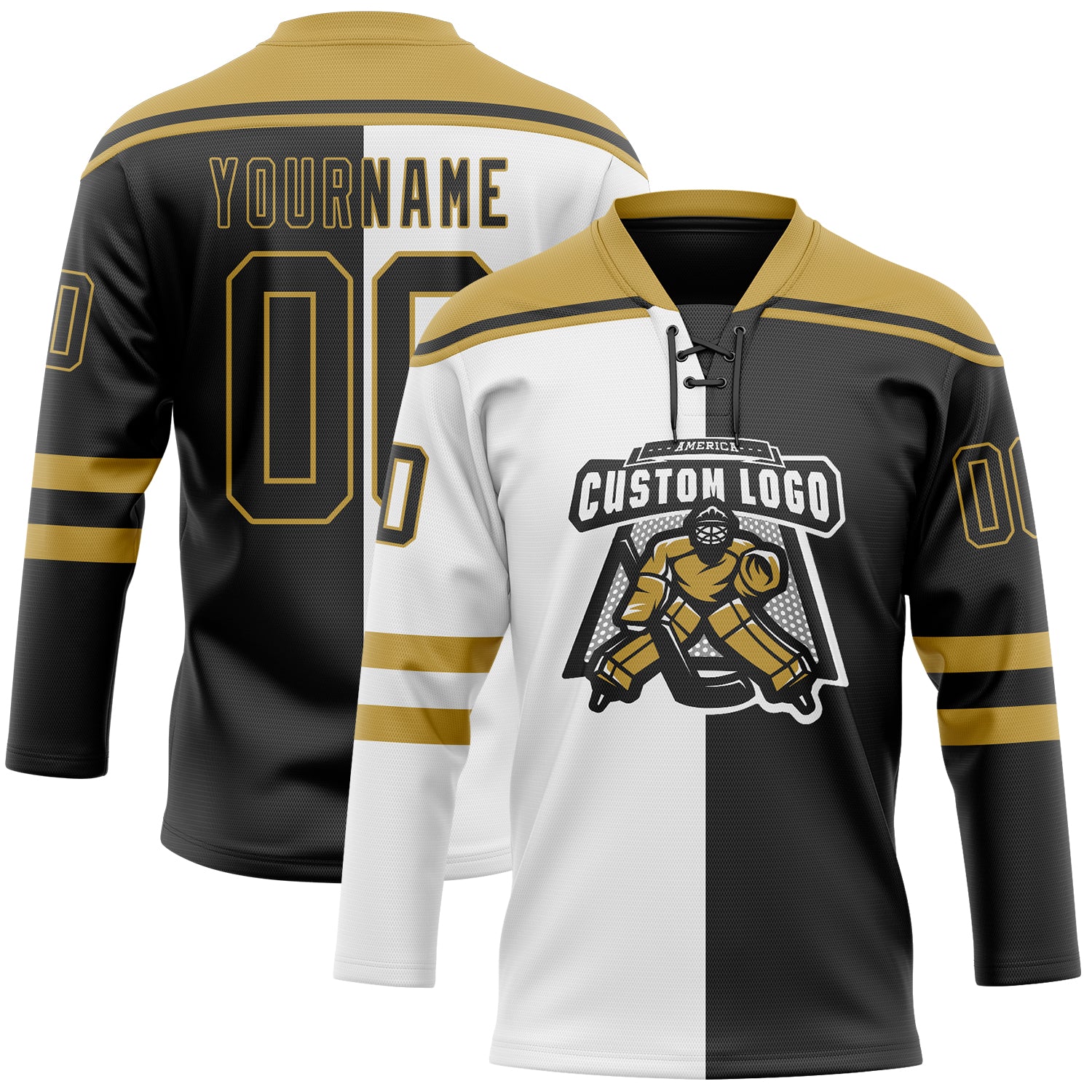 Custom Black Old Gold-White Split Fashion Hockey Lace Neck Jersey
