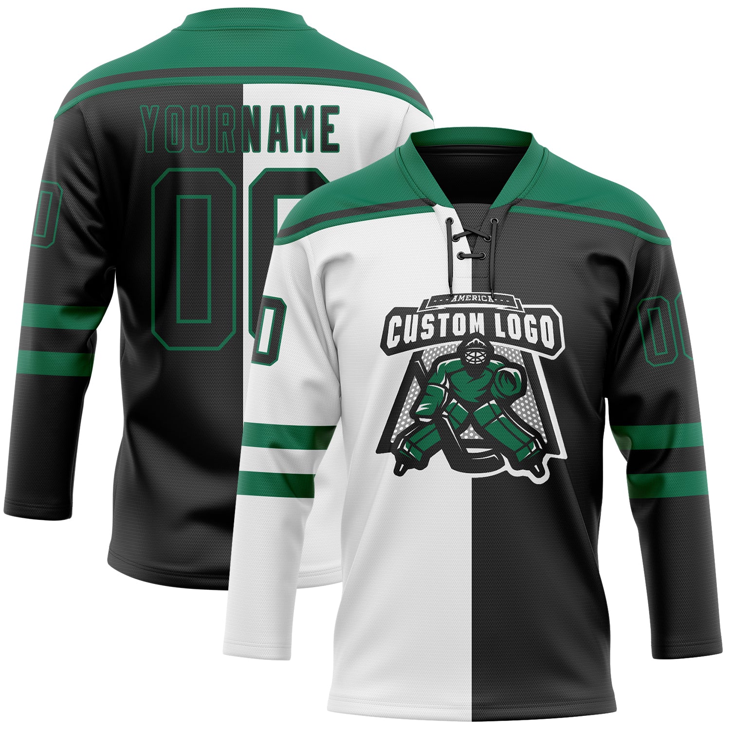 Custom Black Kelly Green-White Split Fashion Hockey Lace Neck Jersey