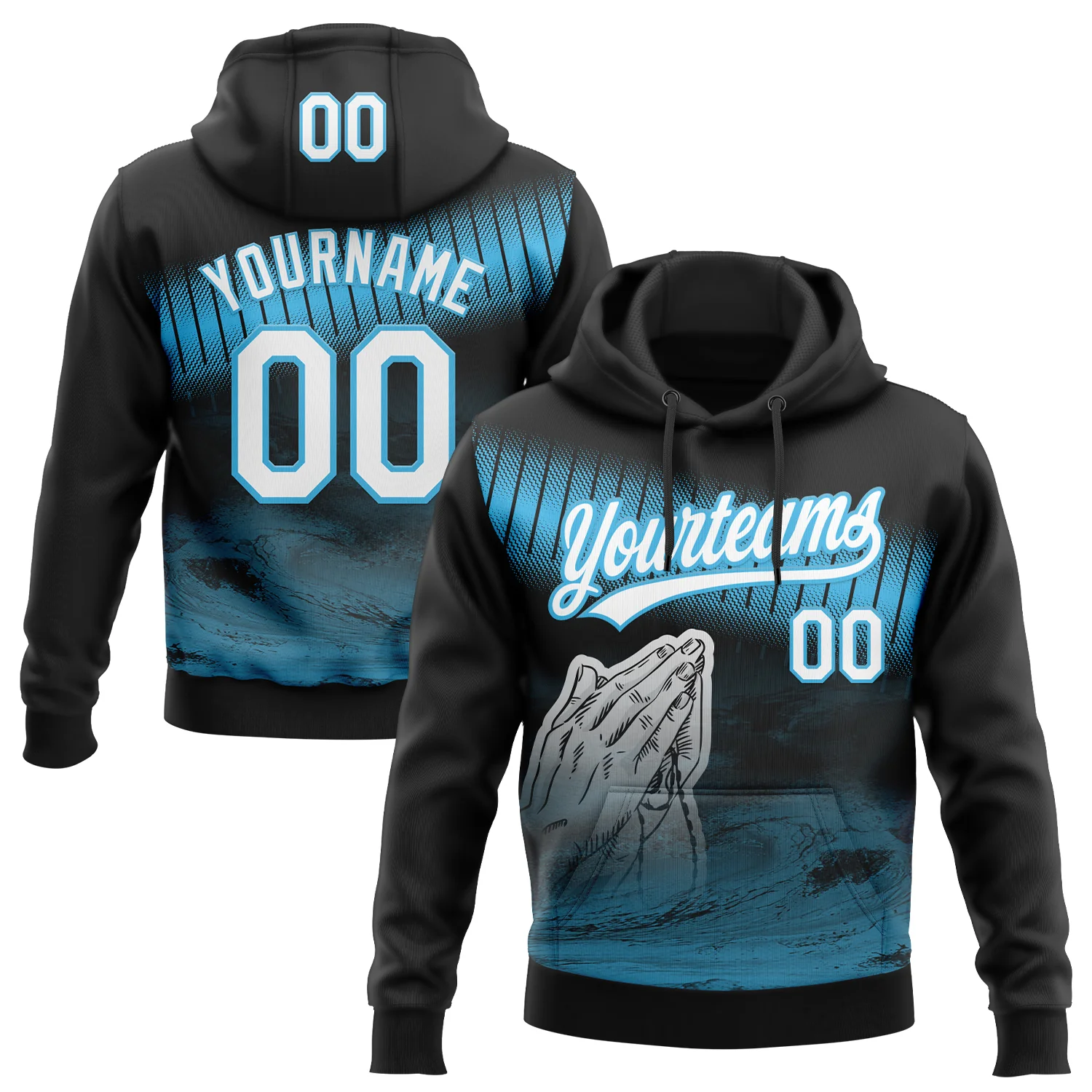 Custom Stitched Black White-Sky Blue 3D Pattern Design Religion Praying Hands Pullover Sweatshirt Hoodie