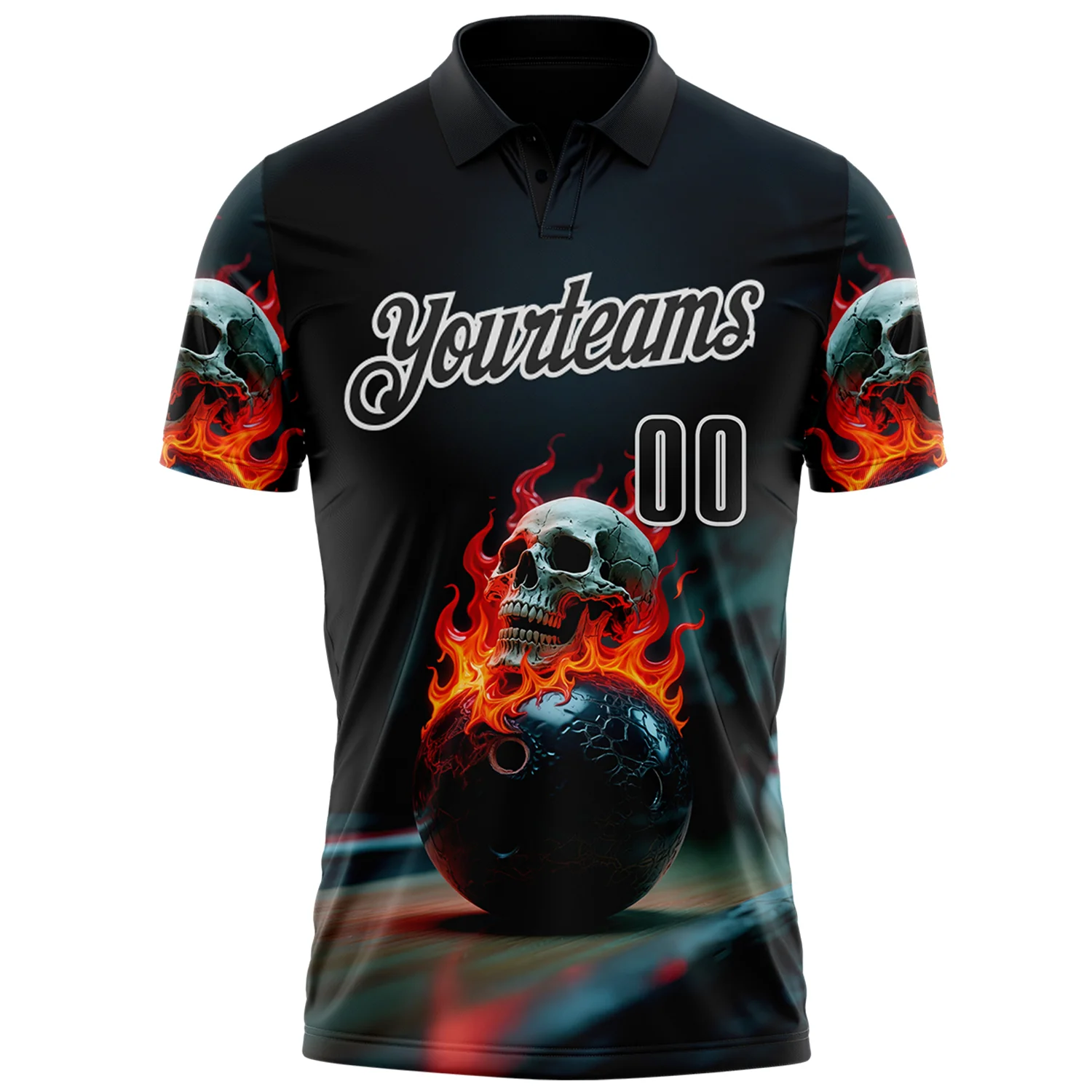 Custom Black White 3D Flame Skull Bowling Performance Polo Shirt
