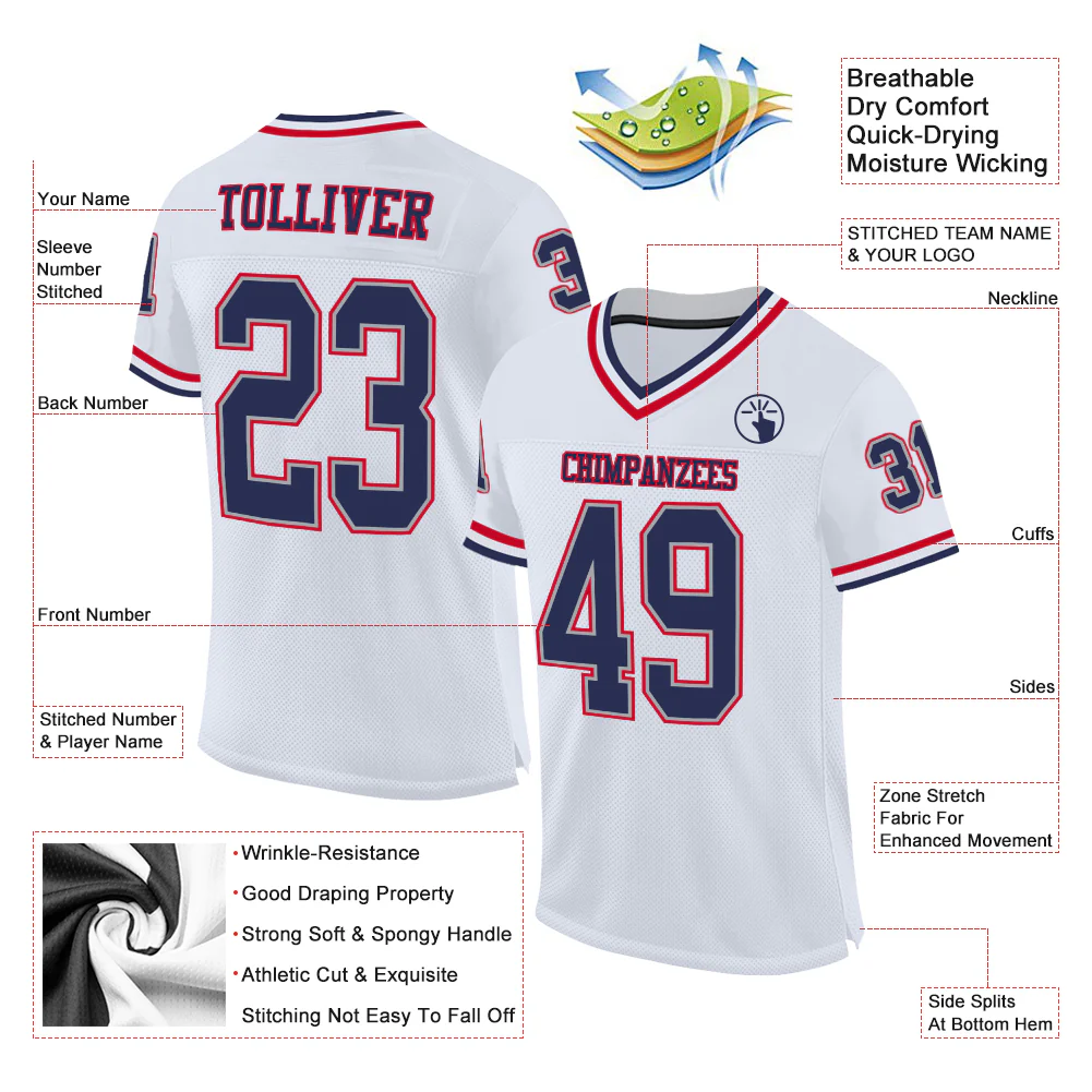 Custom White Navy-Red Mesh Authentic Throwback Football Jersey