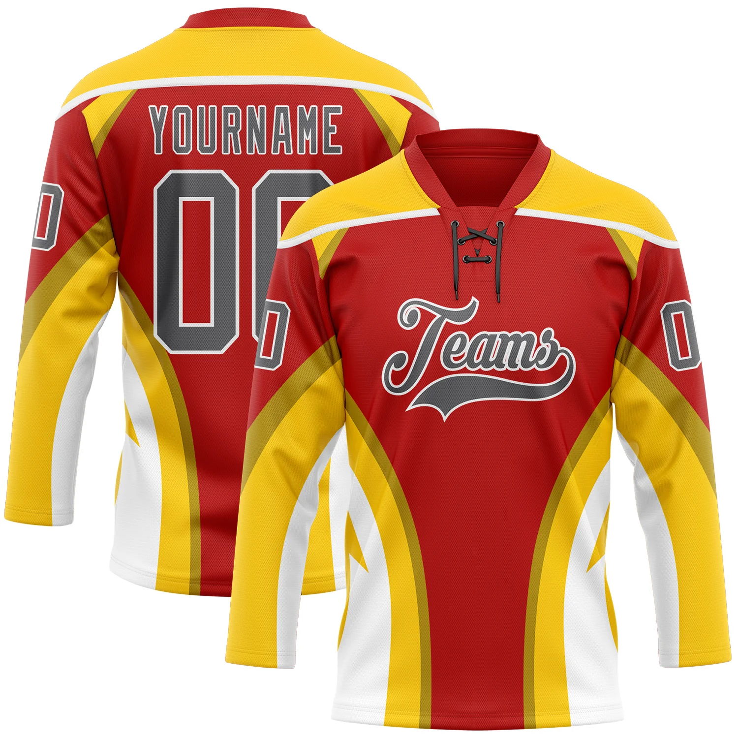 Custom Red Steel Gray Yellow-White 3D Abstract Pattern Graphic Cyber Mecha E-sport Hockey Lace Neck Jersey