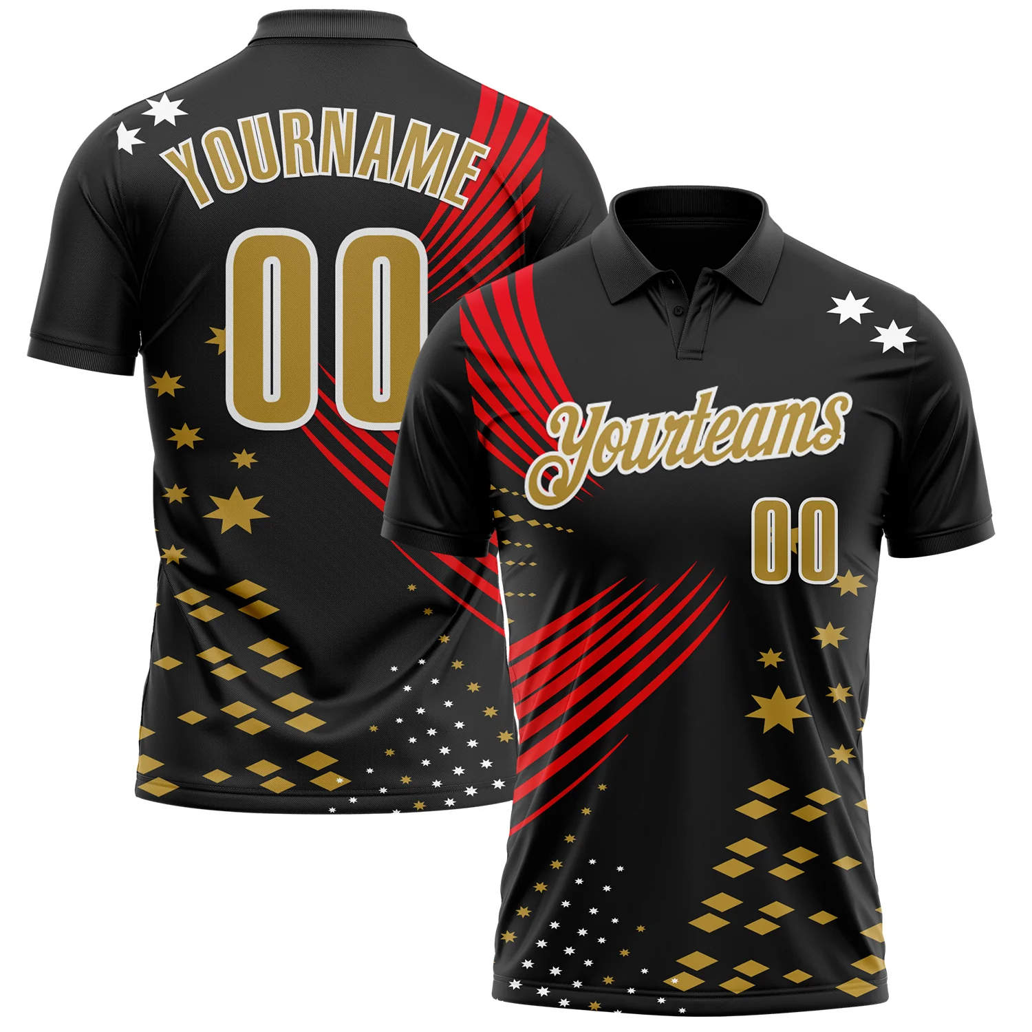 Custom Black Old Gold Fire Red-White 3D Pattern Design Star And Geometric Shapes Performance Polo Shirt