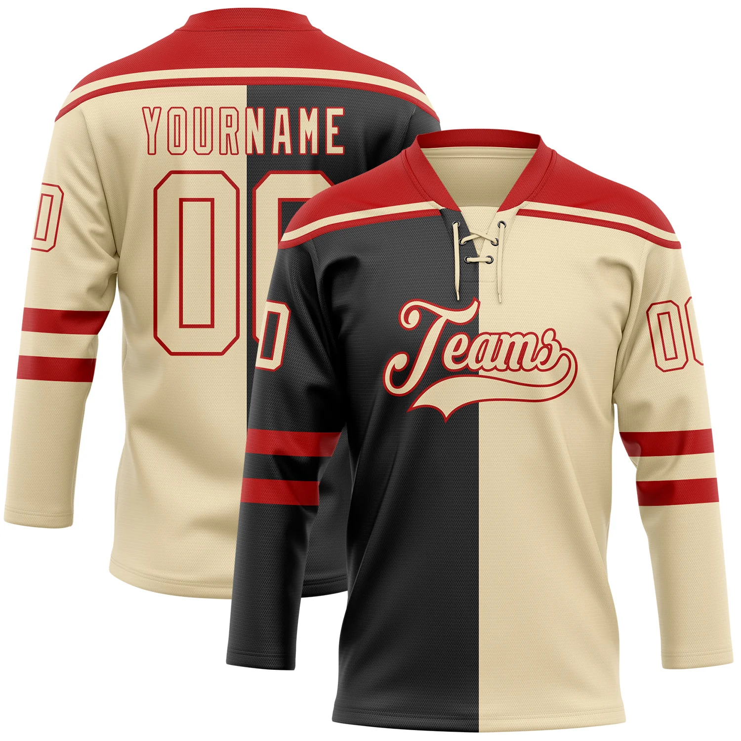 Custom Cream Black-Red Split Fashion Hockey Lace Neck Jersey