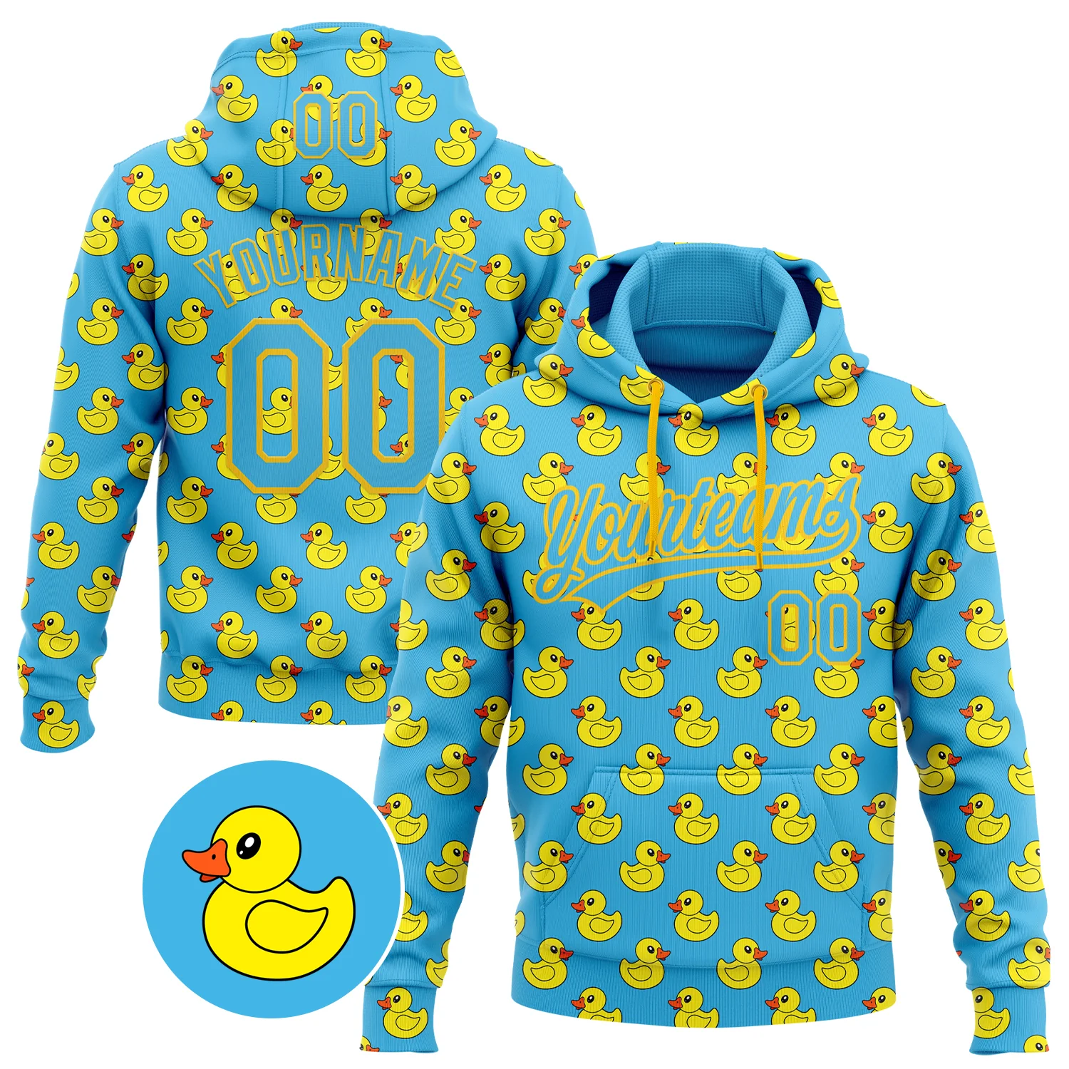 Custom Stitched Sky Blue Yellow 3D Pattern Design Animal Duck Sports Pullover Sweatshirt Hoodie
