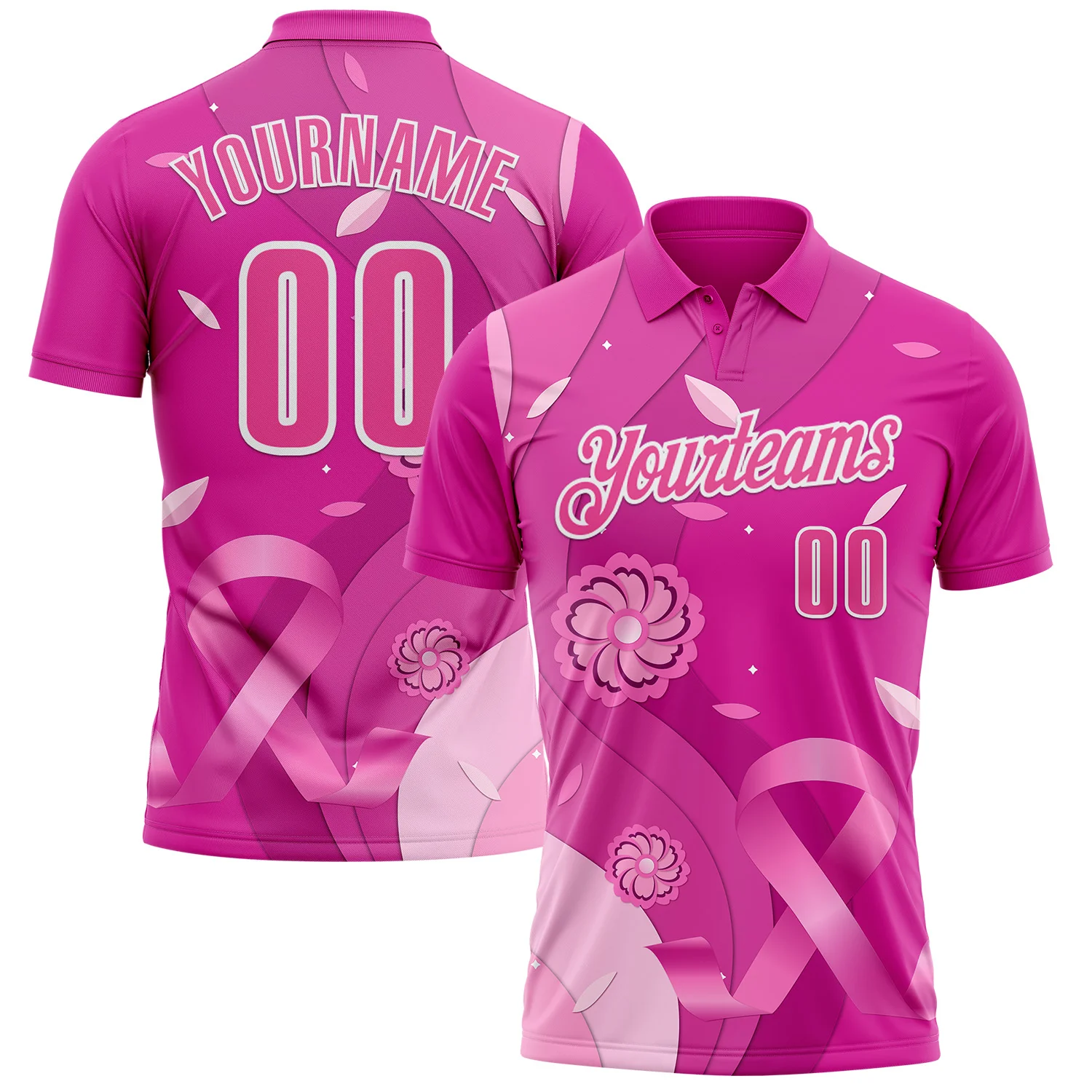 Custom Deep Pink Pink-White 3D Pink Ribbon Breast Cancer Awareness Floral Performance Polo Shirt
