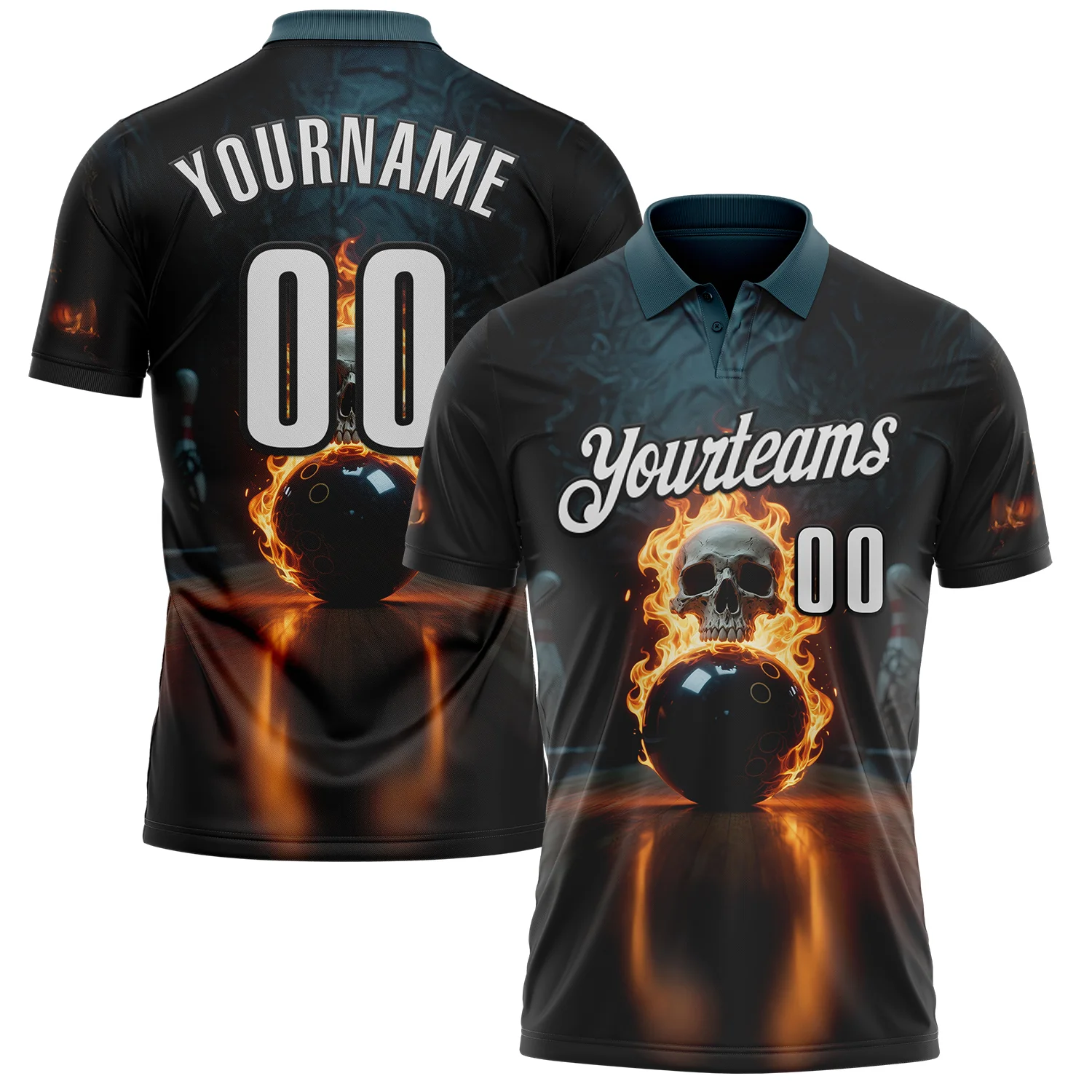 Custom Black White 3D Flame Skull Bowling Performance Polo Shirt