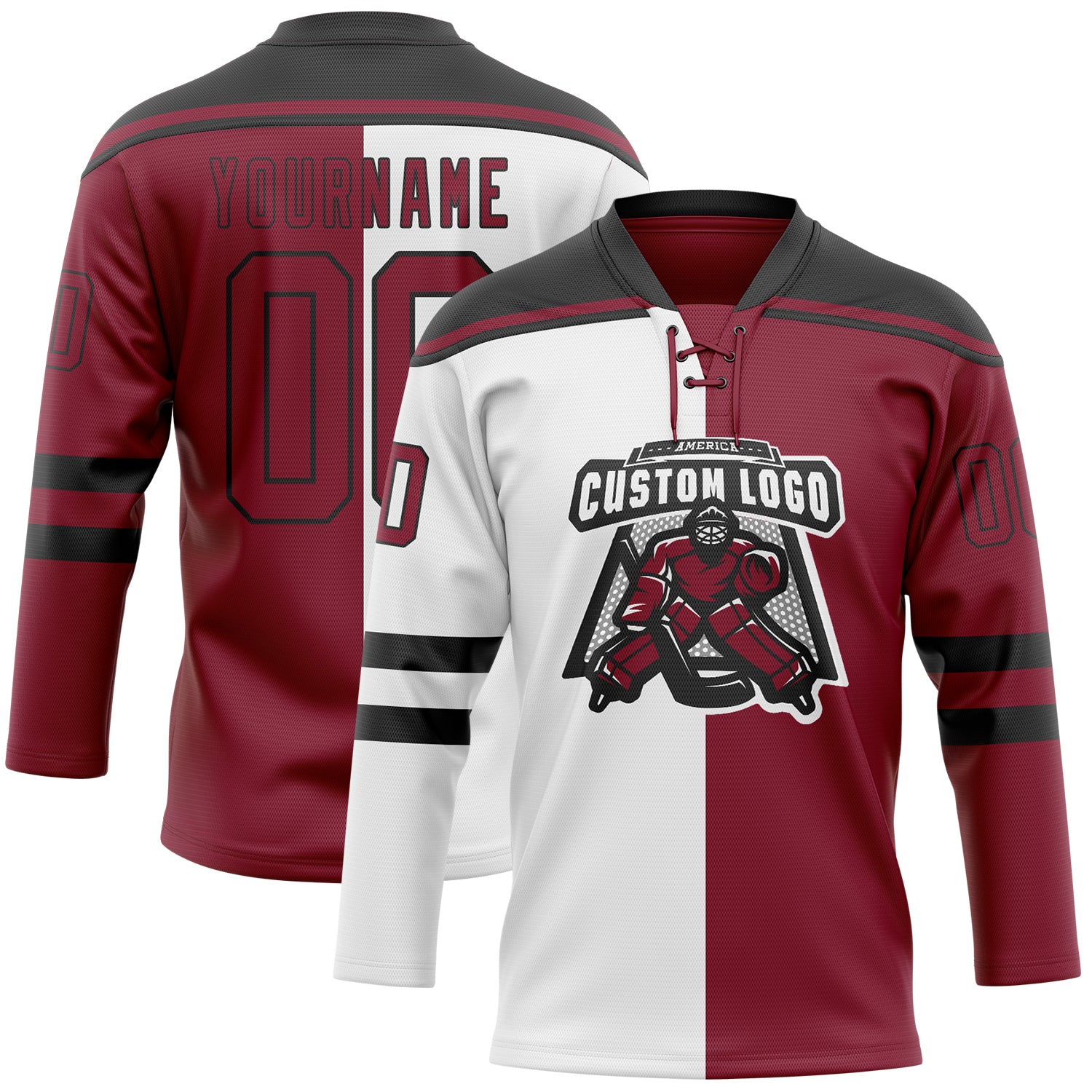 Custom Crimson Black-White Split Fashion Hockey Lace Neck Jersey
