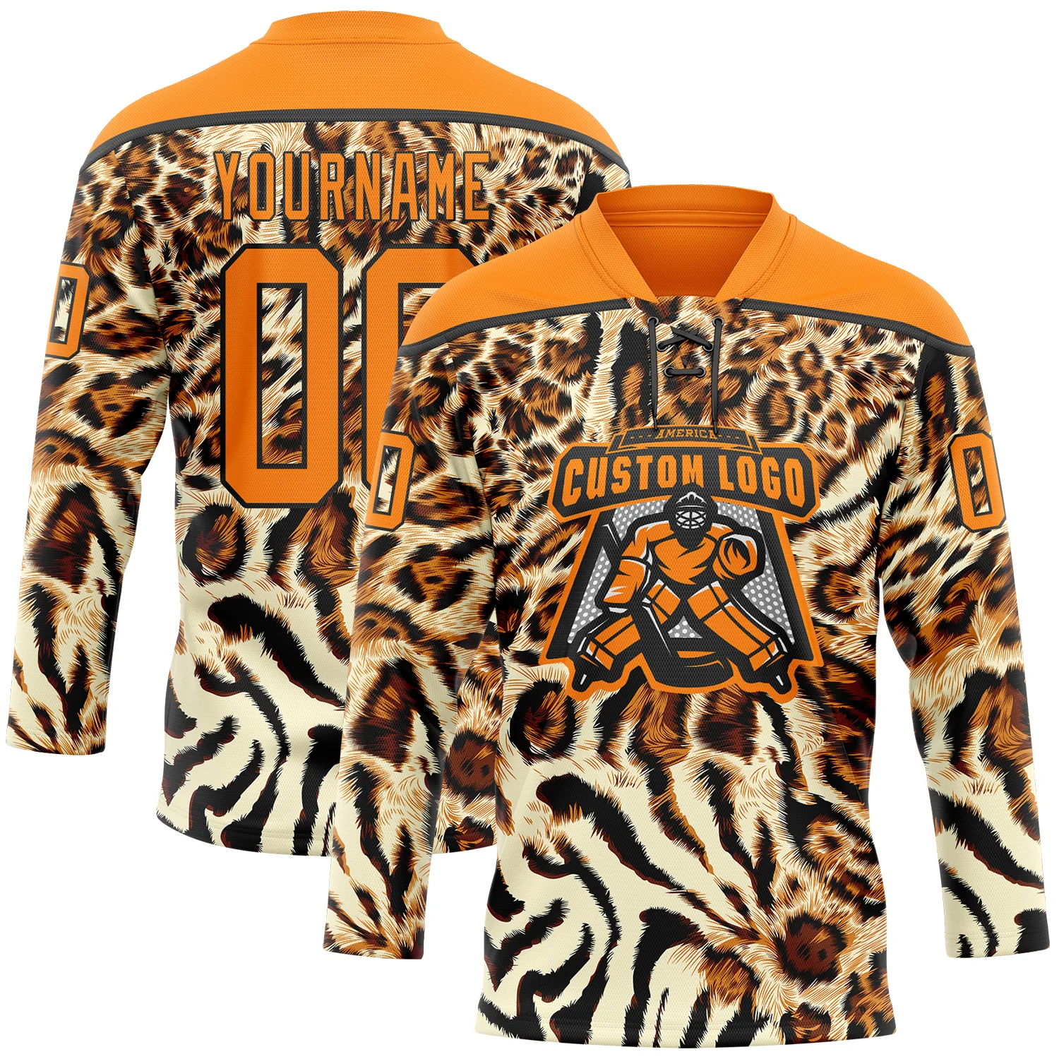 Custom Cream Bay Orange-Black 3D Pattern Leopard Print Neon Hockey Lace Neck Jersey