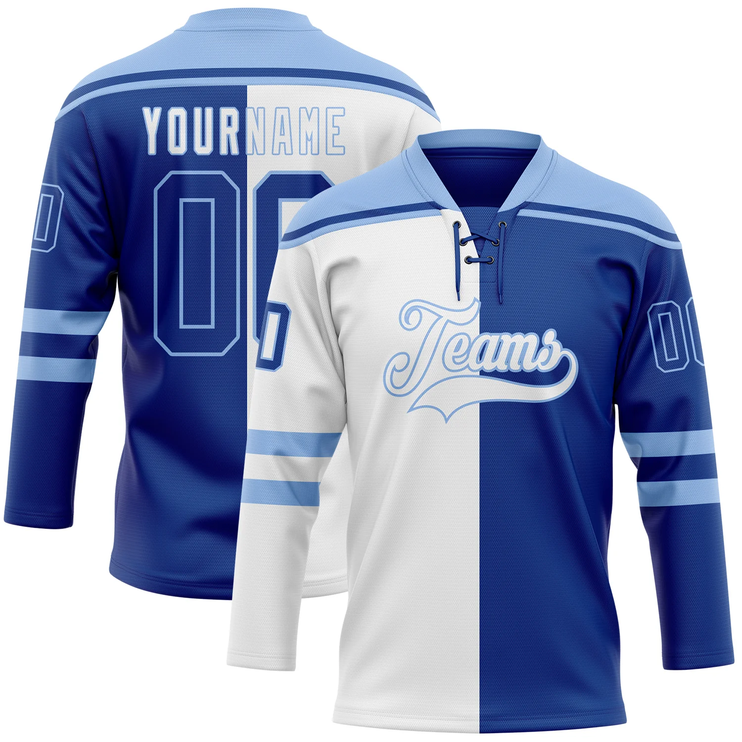 Custom Royal Light Blue-White Split Fashion Hockey Lace Neck Jersey