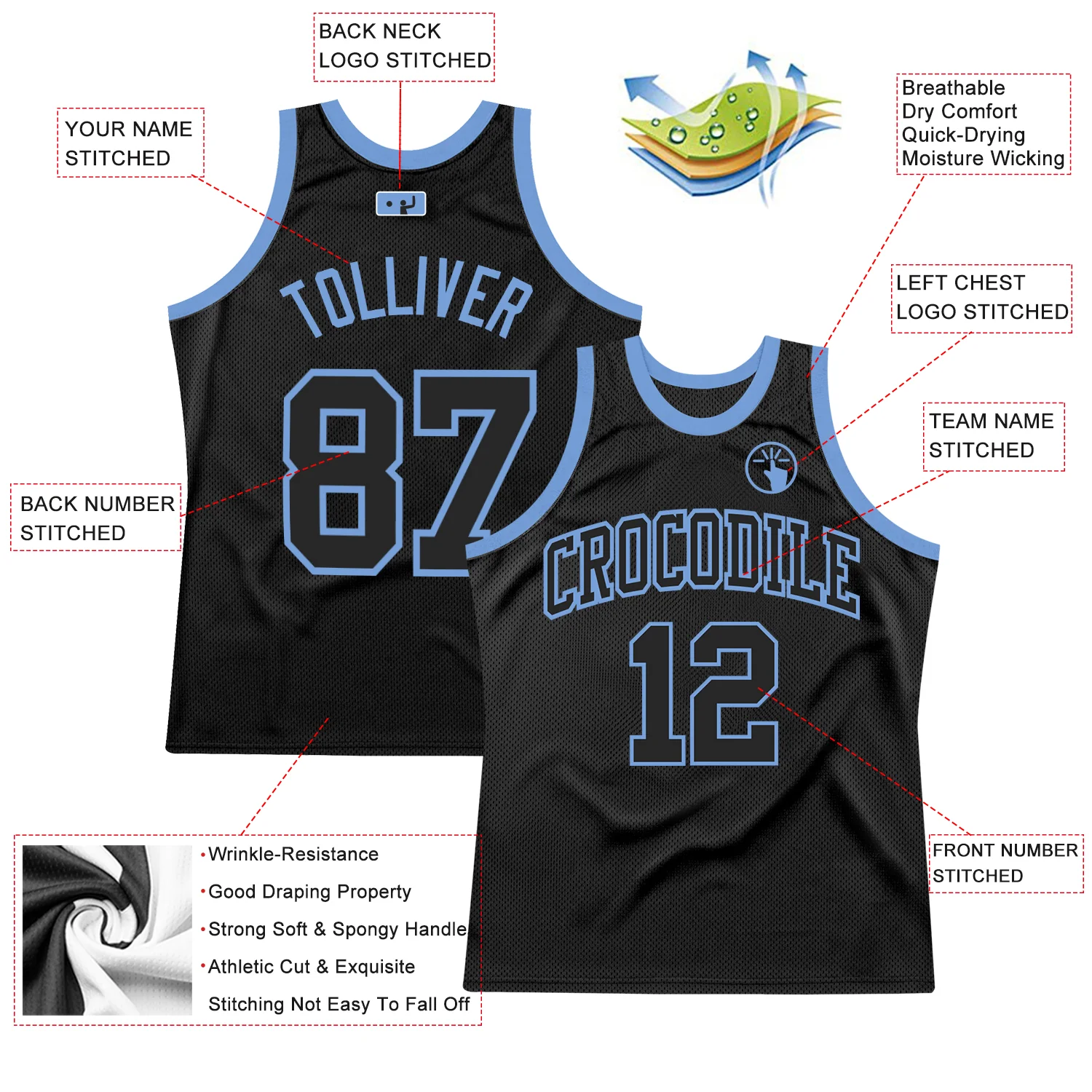 Custom Black Black-Light Blue Authentic Throwback Basketball Jersey