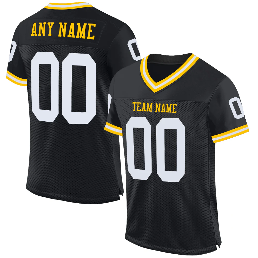 Custom Black White-Gold Mesh Authentic Throwback Football Jersey