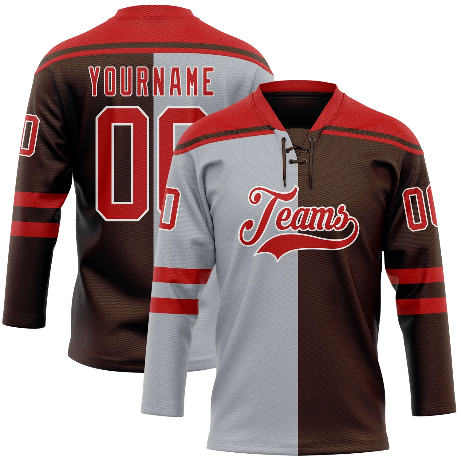 Custom Brown Red Gray-White Split Fashion Hockey Lace Neck Jersey