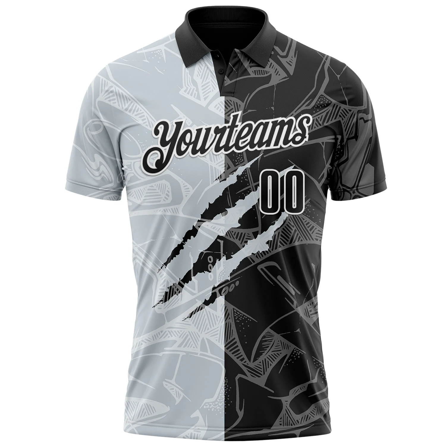 Custom Graffiti Pattern Black Silver-White 3D Scratch Performance Polo Shirt