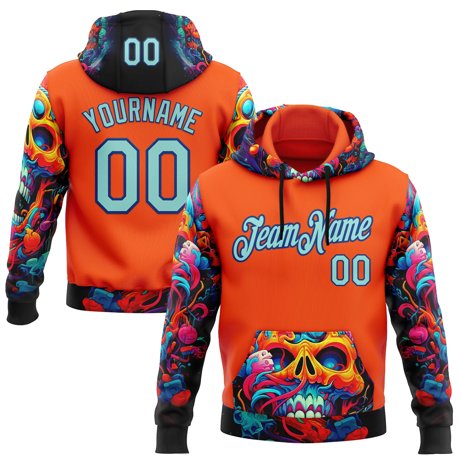 Custom Orange Ice Blue-Royal 3D Skull Chromatic Sports Pullover Sweatshirt Hoodie