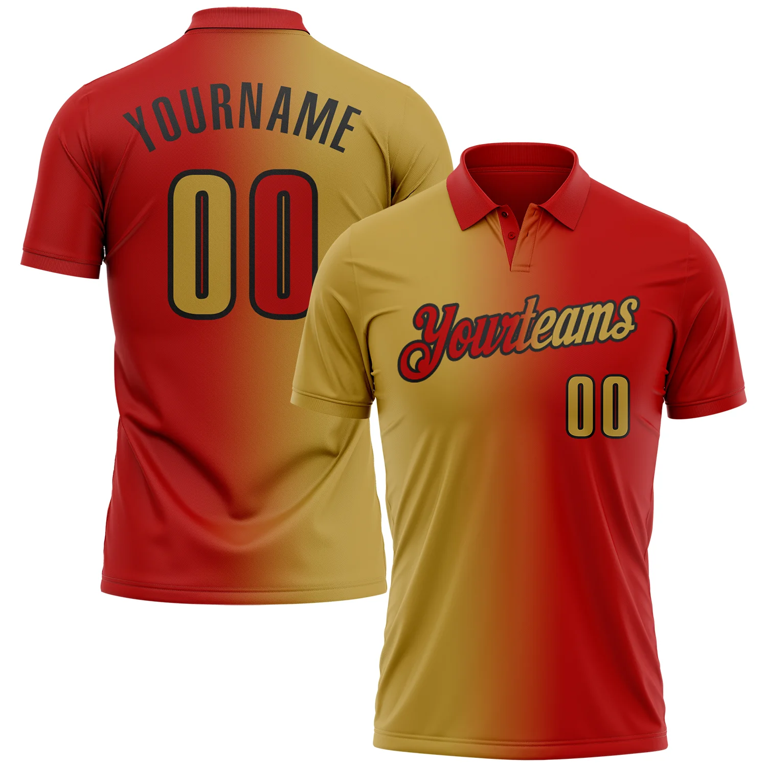 Custom Red Old Gold-Black 3D Gradient Fashion Performance Polo Shirt