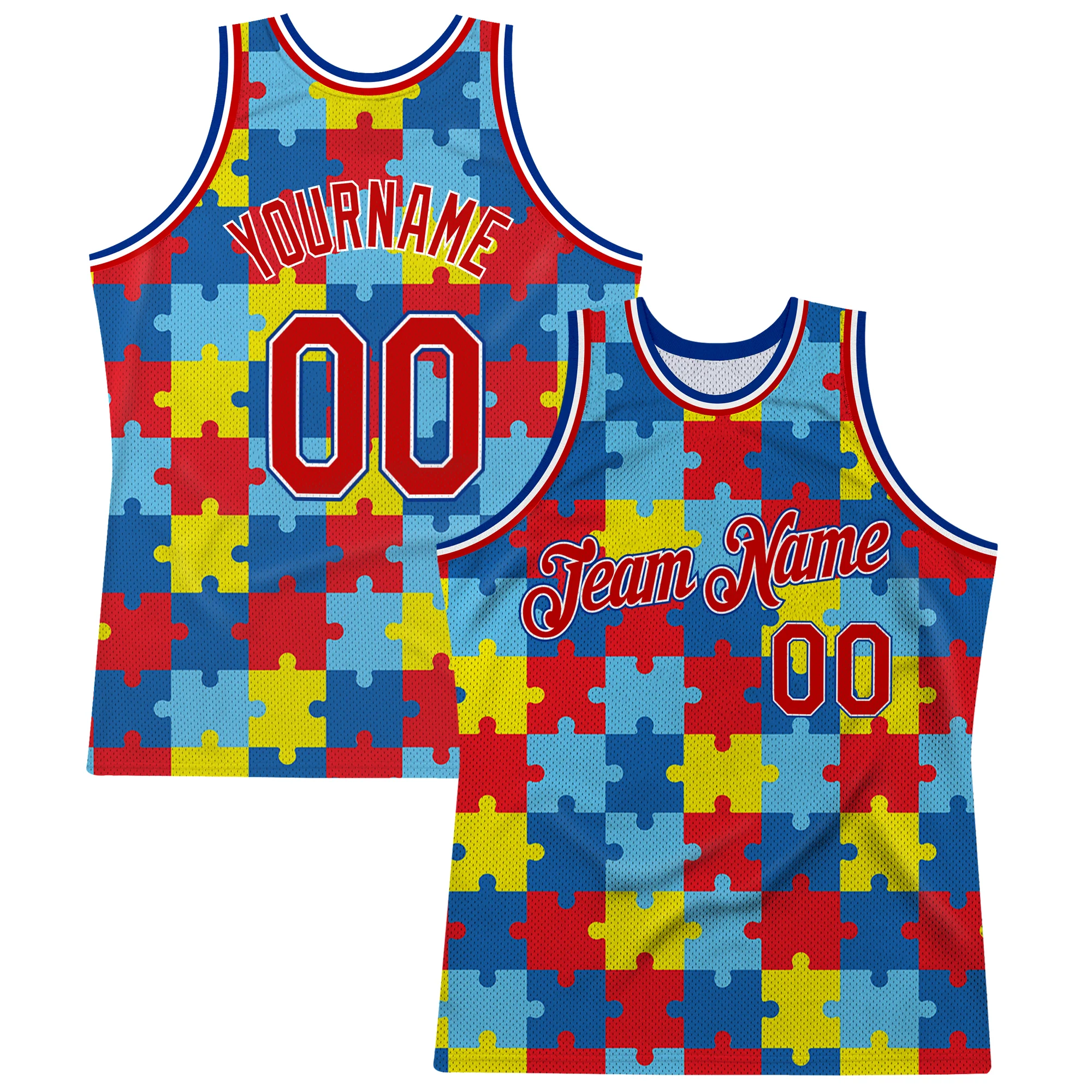 Custom Black Red-Royal 3D Pattern Design Autism Supporter Awareness Puzzle Pieces Authentic Basketball Jersey
