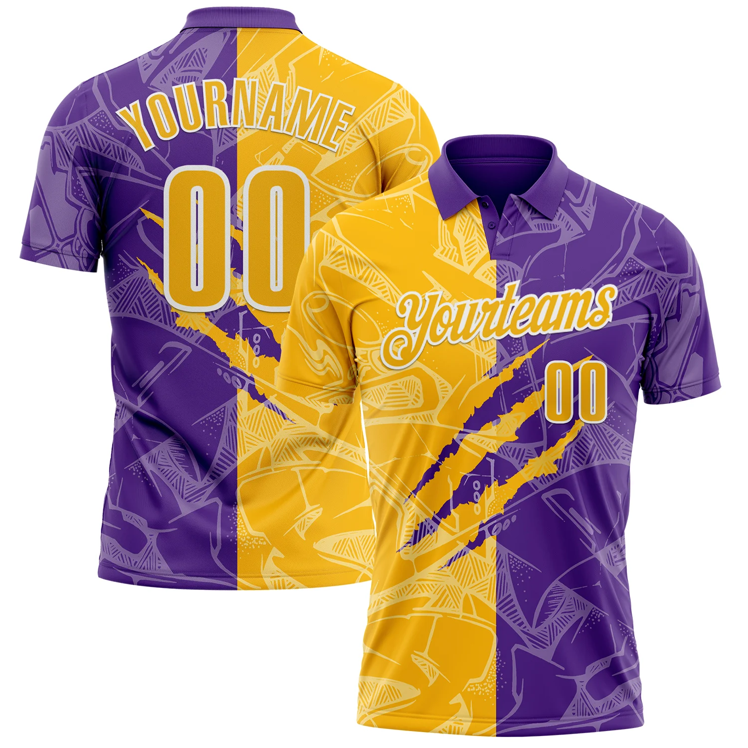 Custom Graffiti Pattern Gold Purple-White 3D Scratch Performance Polo Shirt